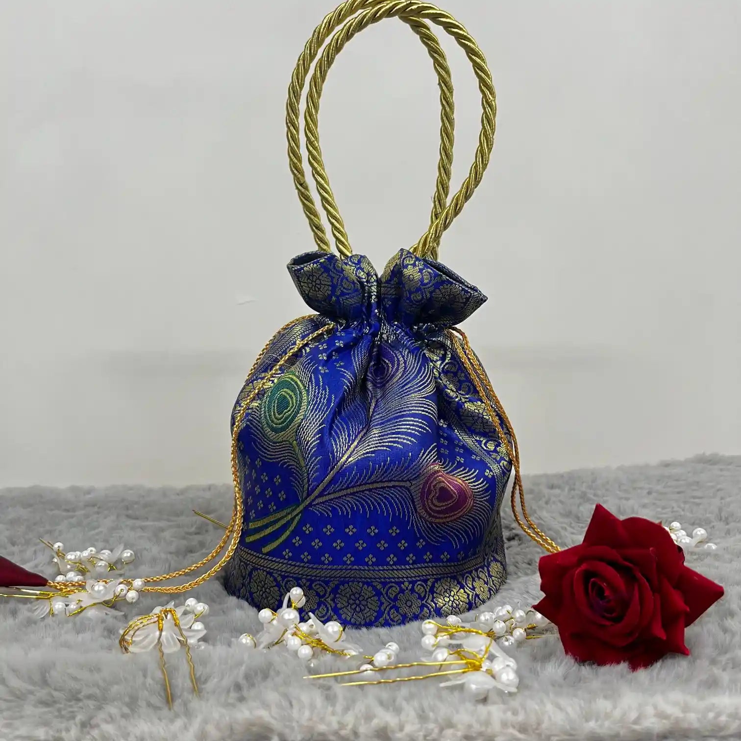 Royal Blue Shade Banarasi Potli Bags