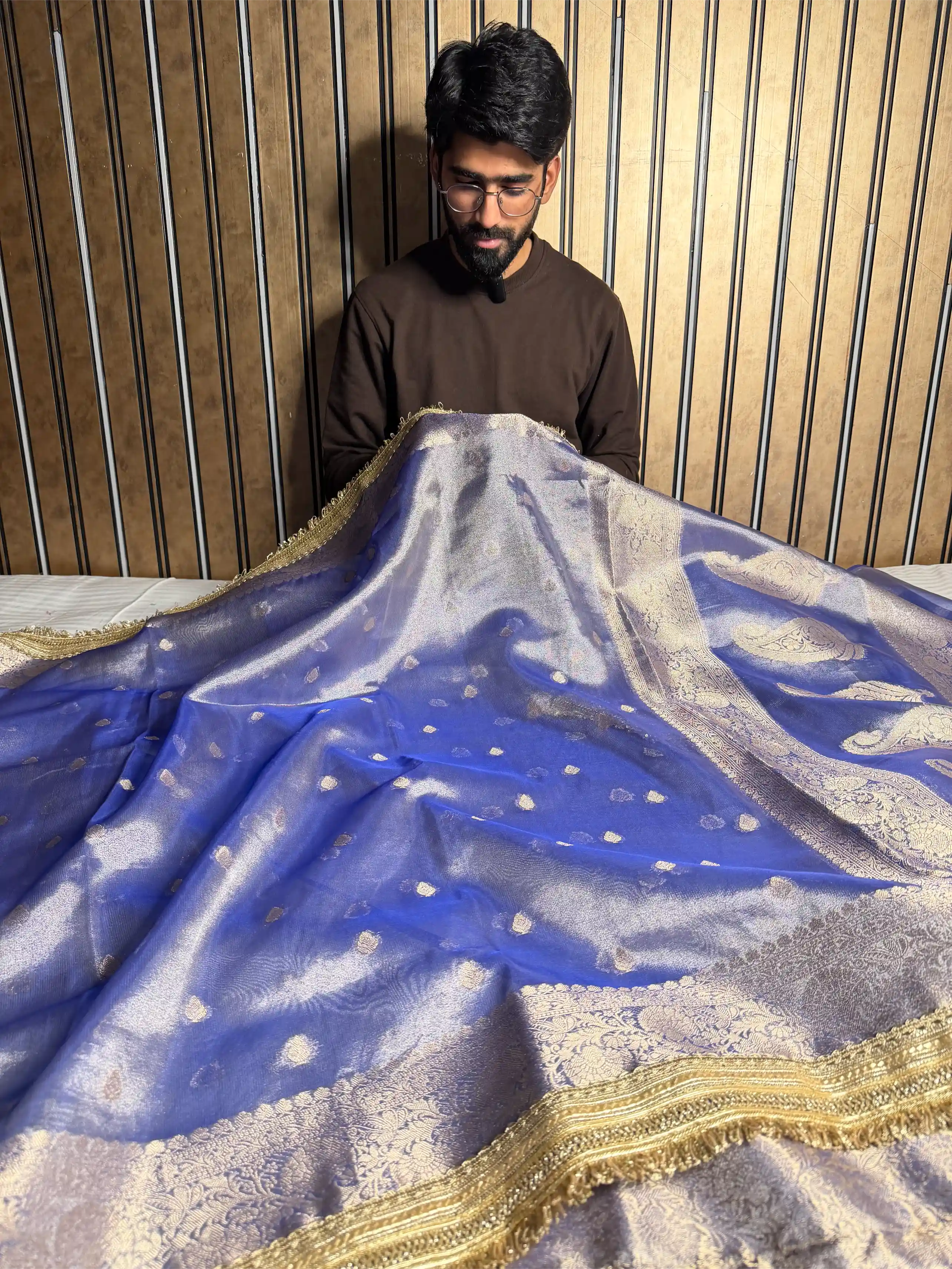 Royal Blue Tissue Silk Lace Attached Banarasi Saree