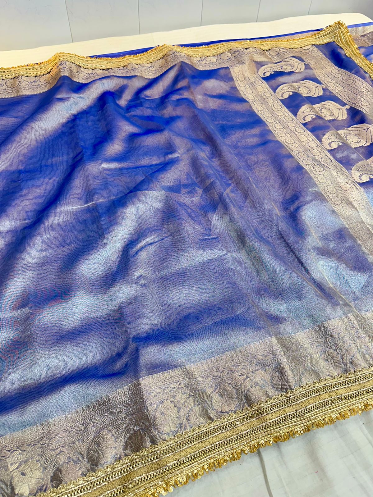 Royal Blue Tissue Silk Lace Attached Banarasi Saree