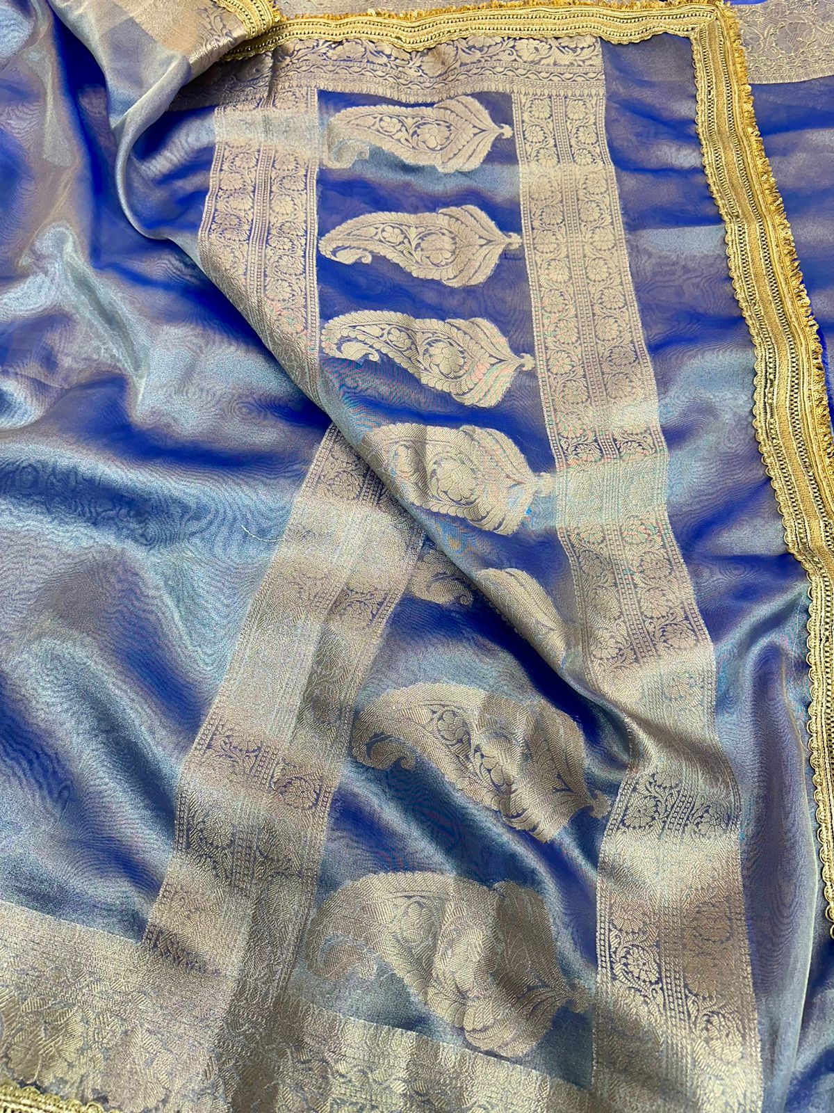 Royal Blue Tissue Silk Lace Attached Banarasi Saree