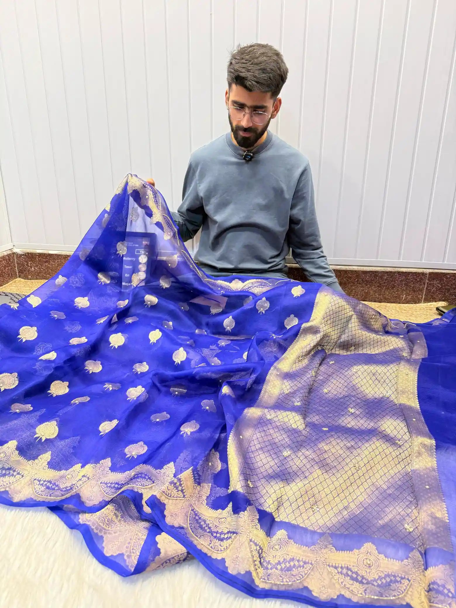 Royal Blue Exclusive Handwork Pure Organza Silk Saree