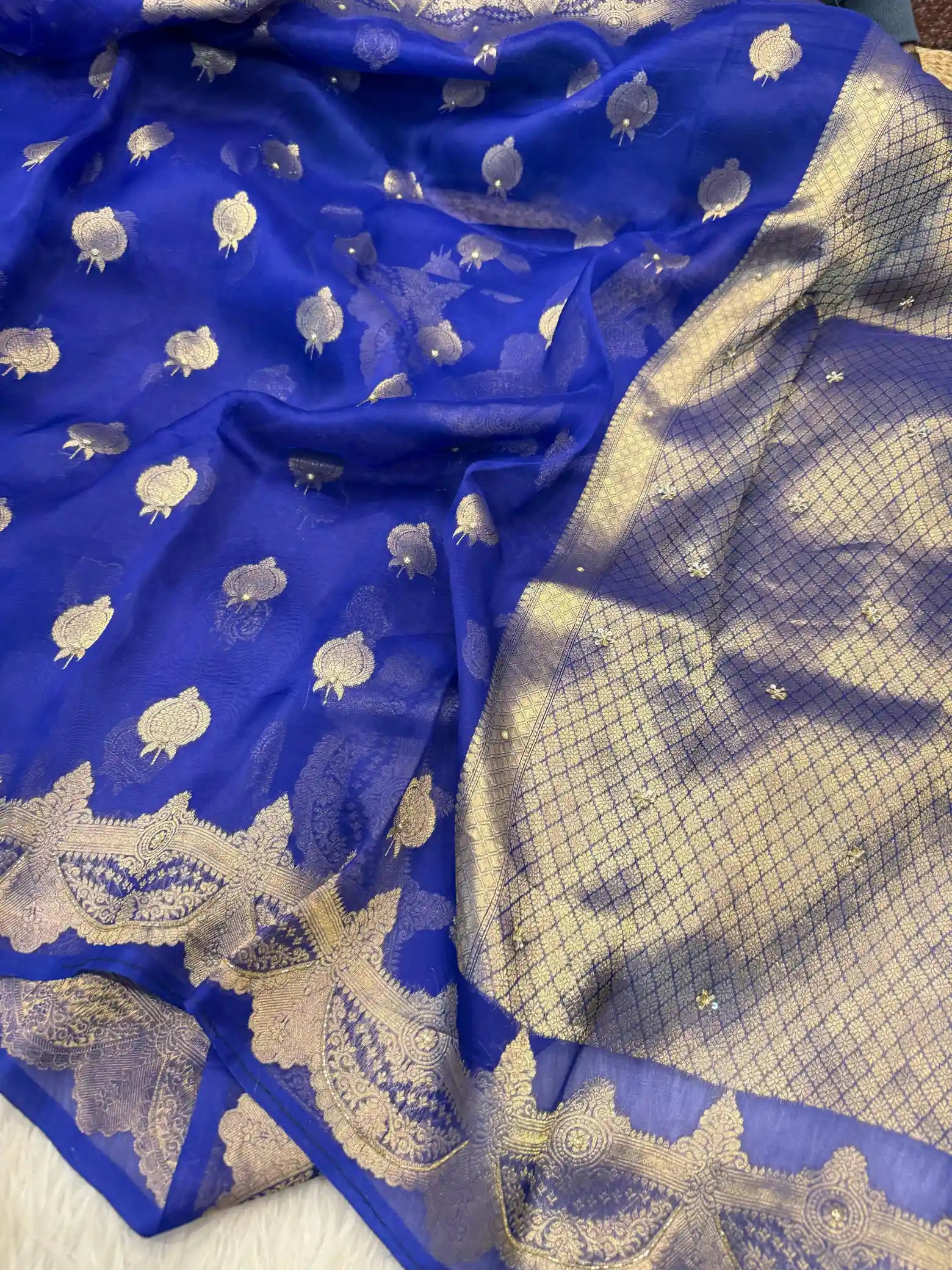 Royal Blue Exclusive Handwork Pure Organza Silk Saree