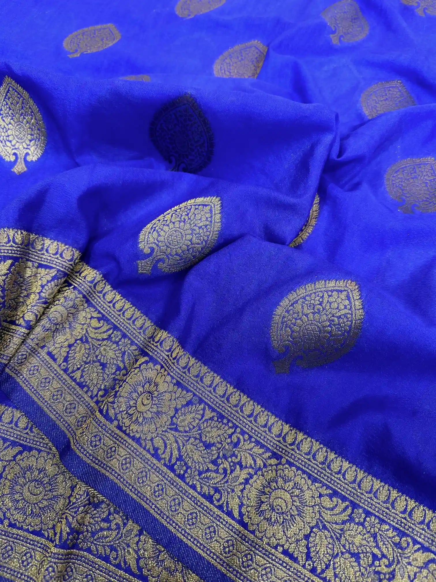 Royal Blue Satin Crepe Silk Banarasi Saree