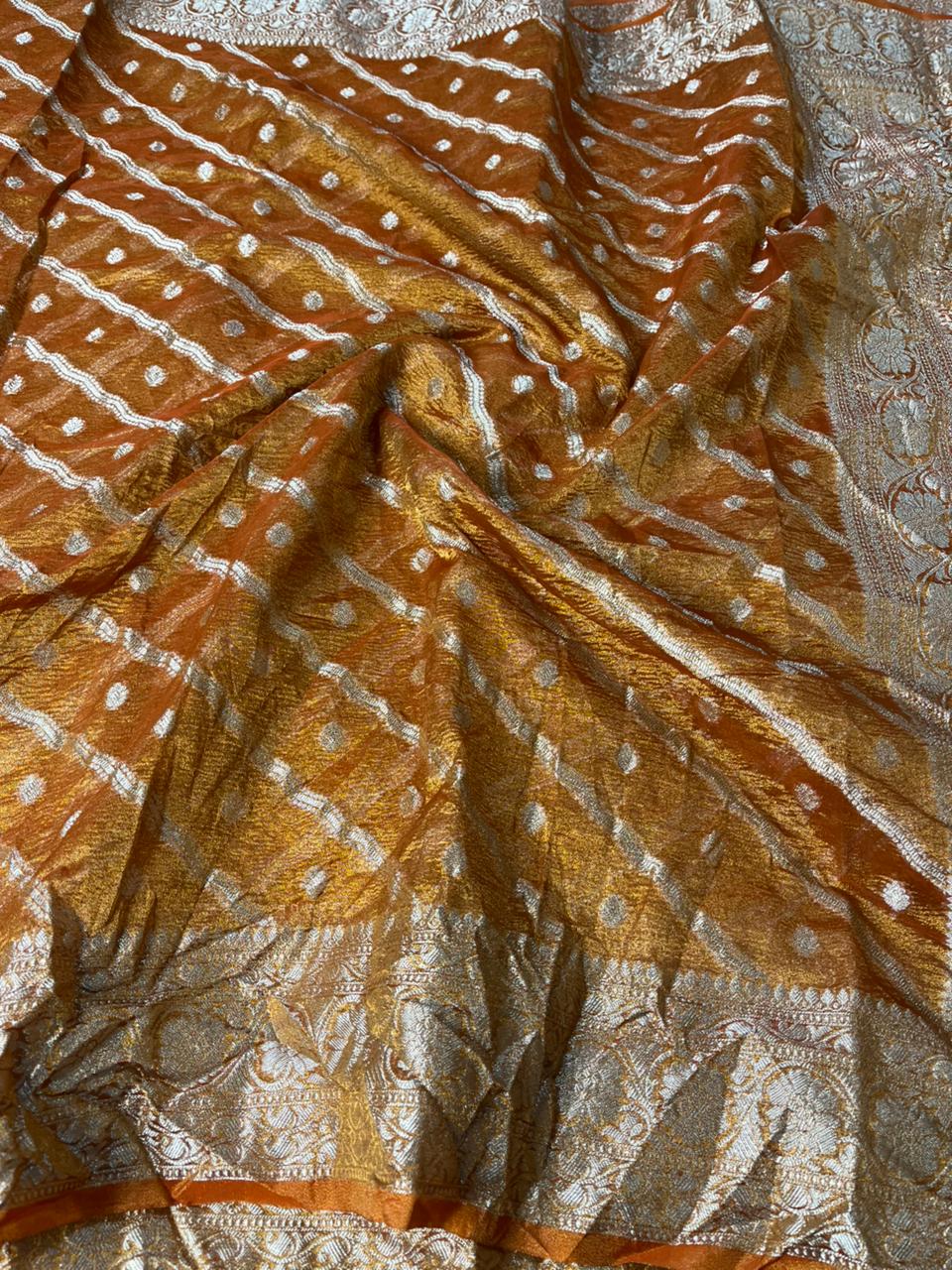 Rust Orange Crush Tissue Silk Banarasi Saree