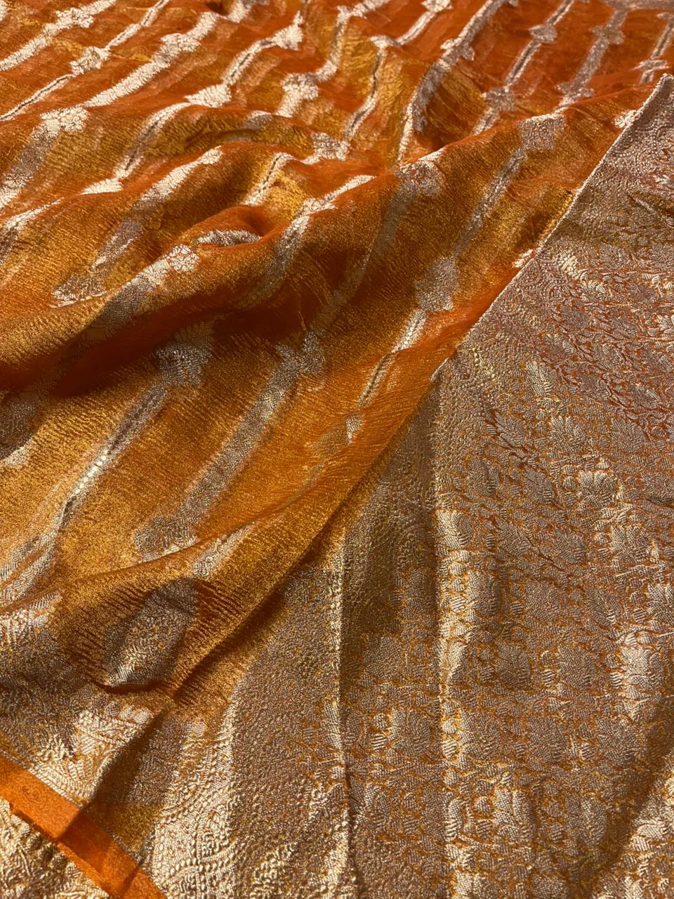 Rust Orange Crush Tissue Silk Banarasi Saree
