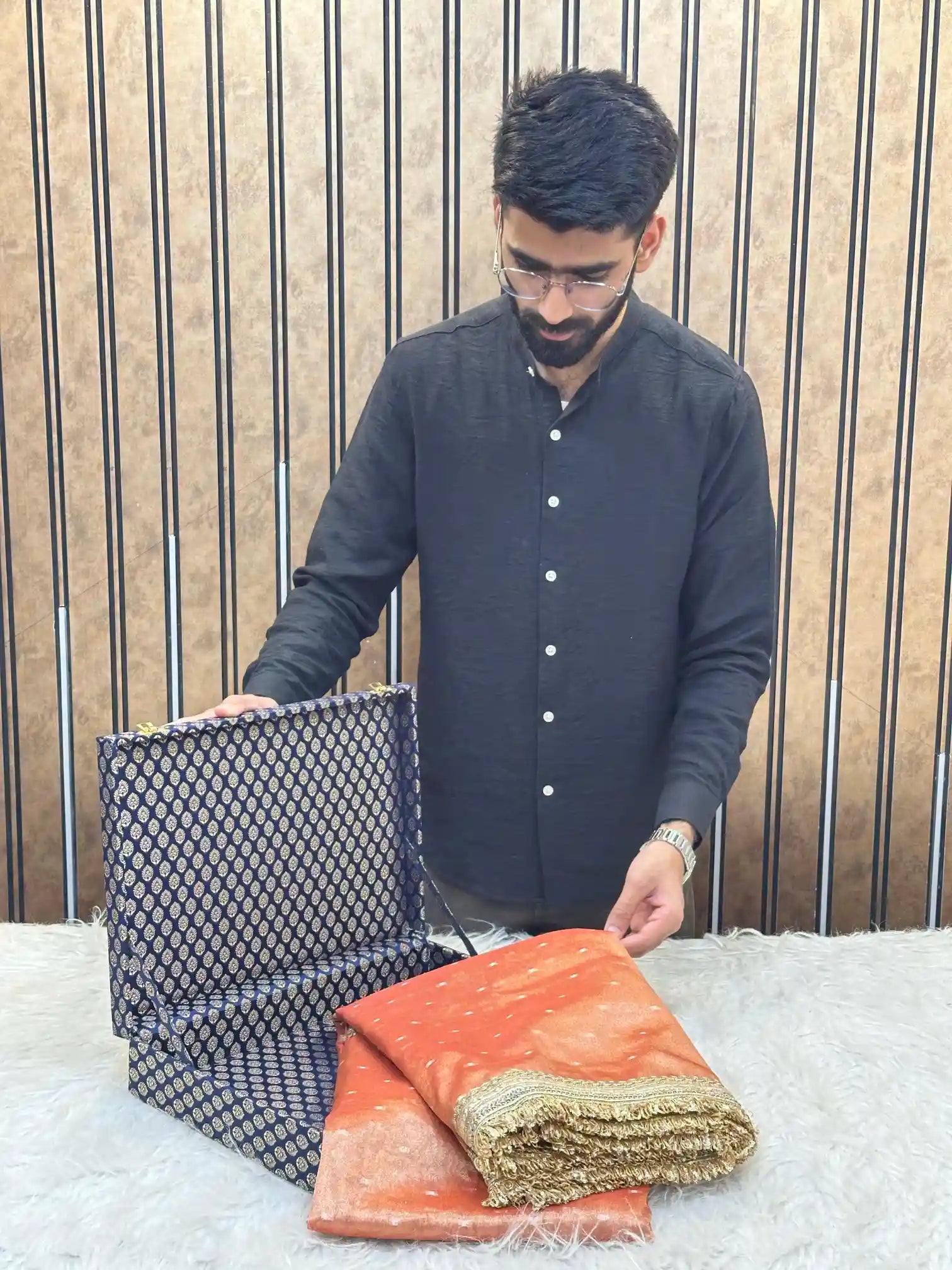 Rust Orange Tissue Silk Zari Buti Gota Lace Work Banarasi Saree