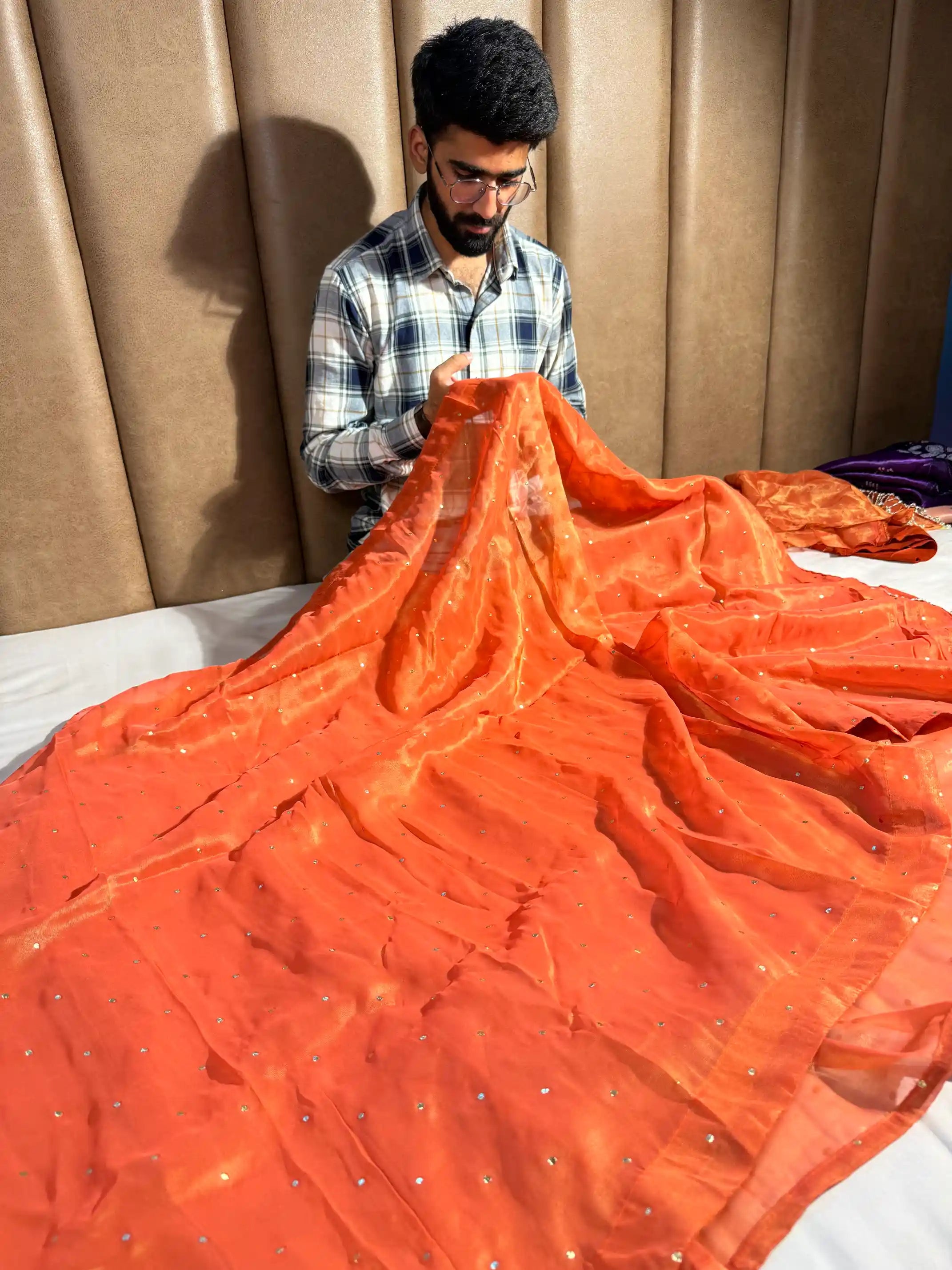 Rust Orange Shimmery Tissue Silk Designer Saree