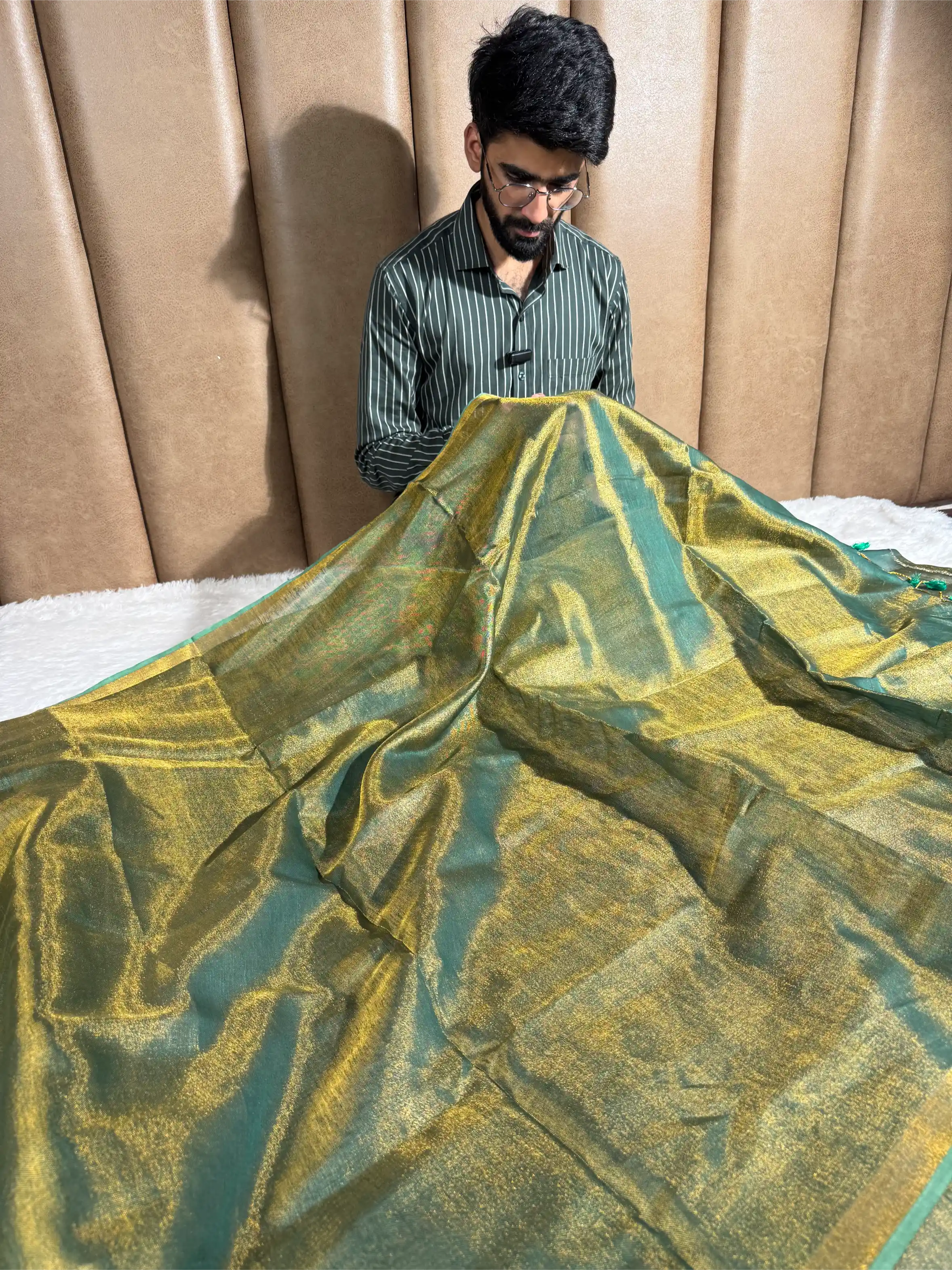 Rusted Green Linen Tissue Silk Banarasi Saree