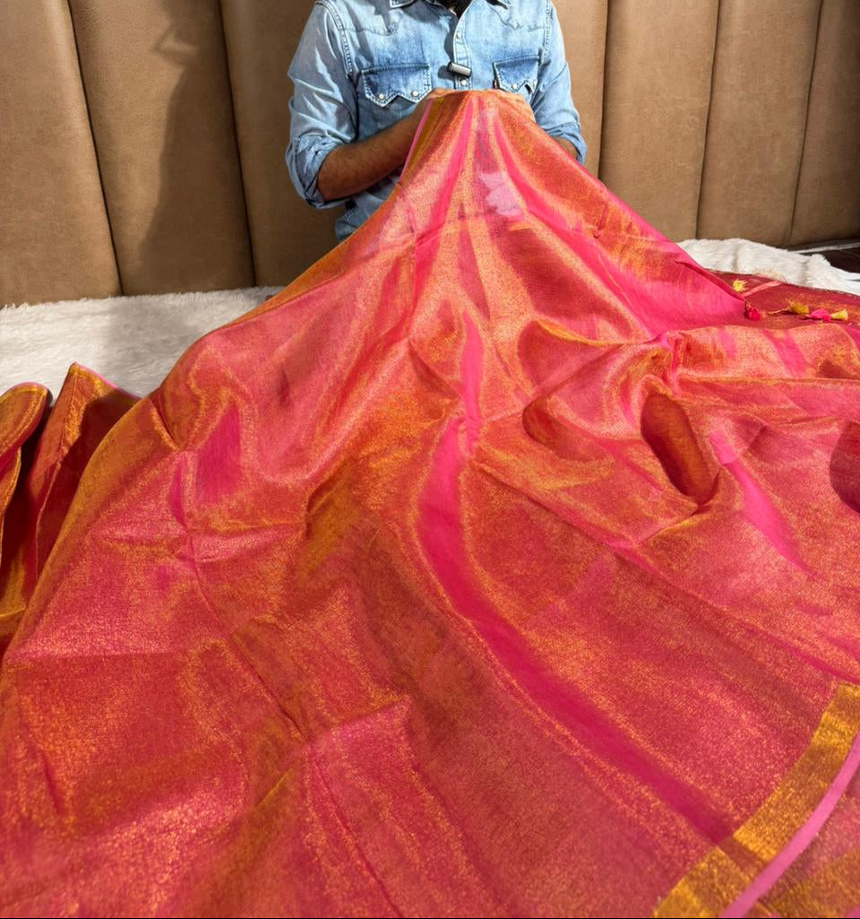 Rusted Pink Linen Tissue Silk Banarasi Saree