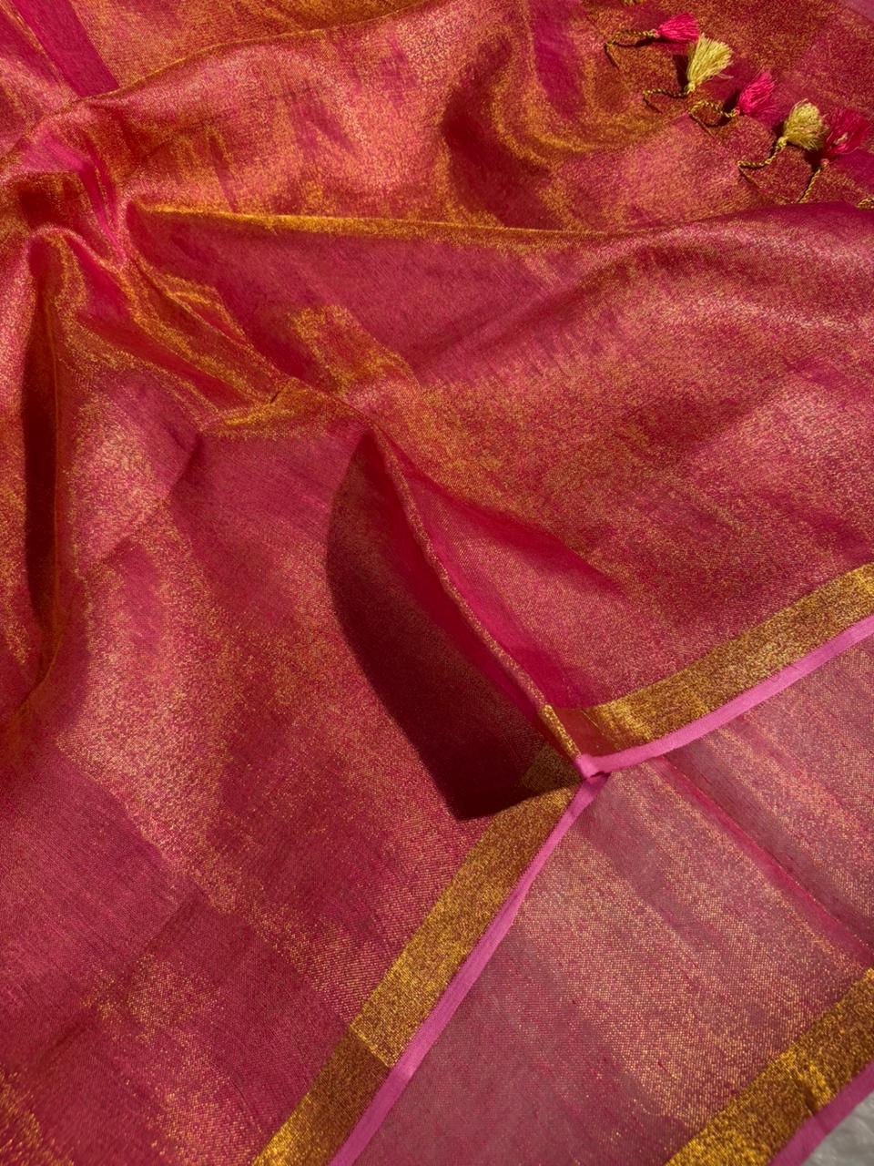 Rusted Pink Linen Tissue Silk Banarasi Saree