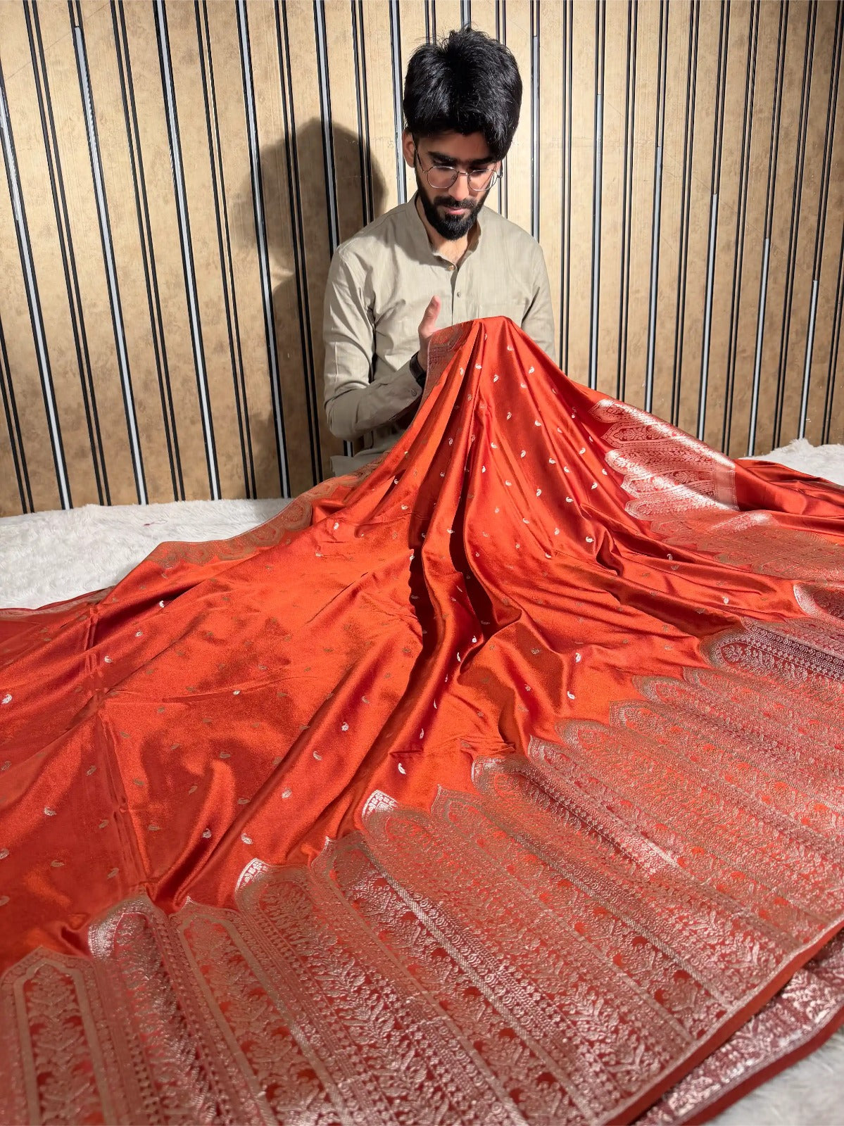 Rust orange heritage Mashru katan silk Banarasi saree
