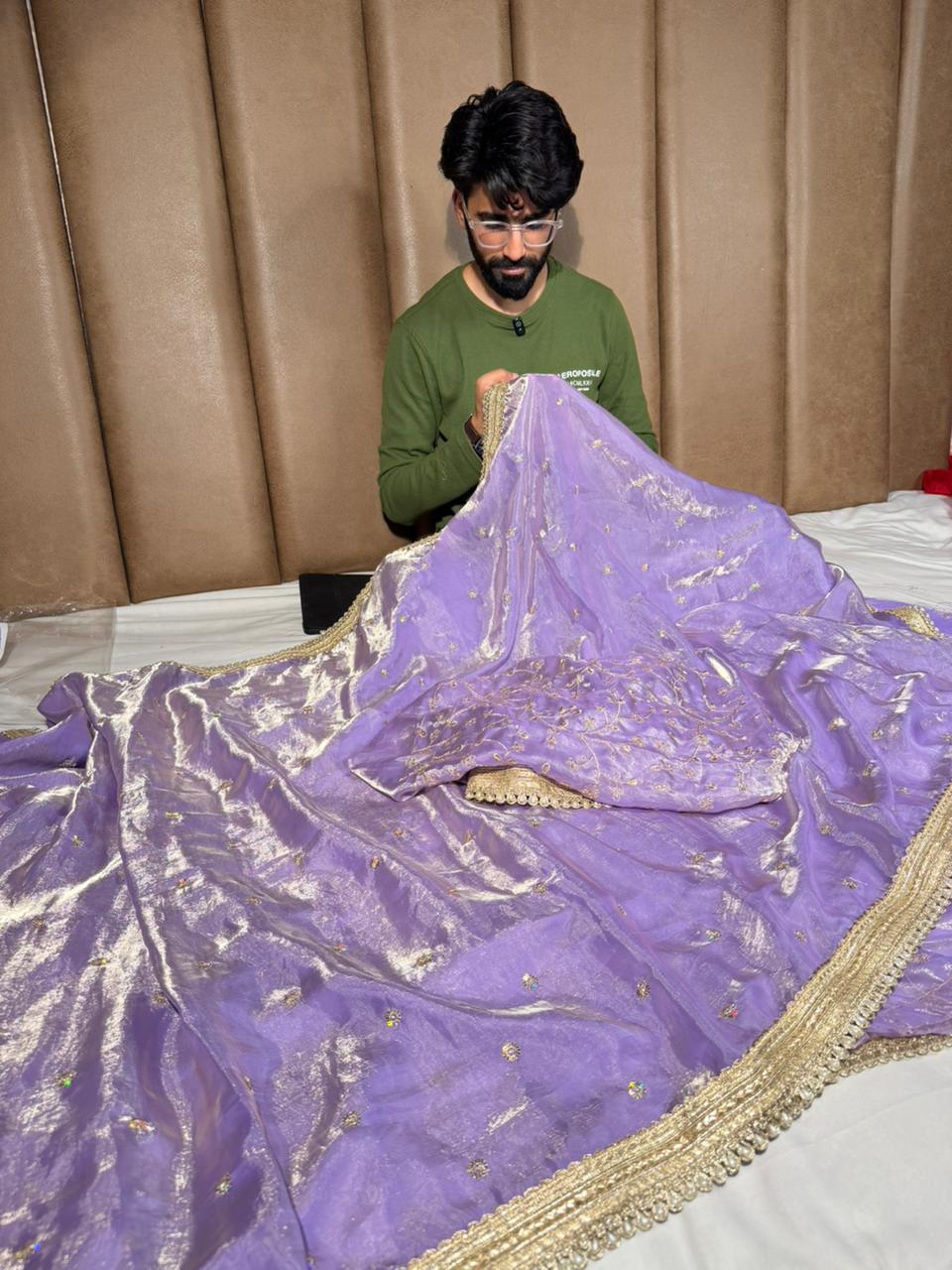 Lavender Shimmery Tissue Silk Embroidered Lace Work Saree