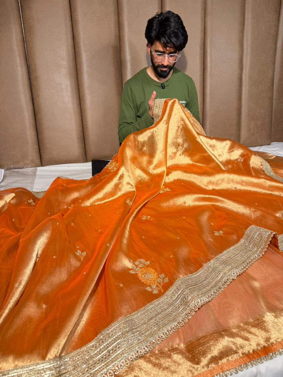 Metallic Orange Kora Tissue Silk Handwork Saree