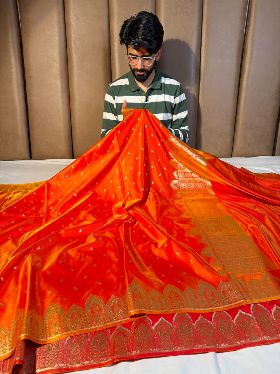 Bright Orange Satin Silk Beautiful Banarasi Saree