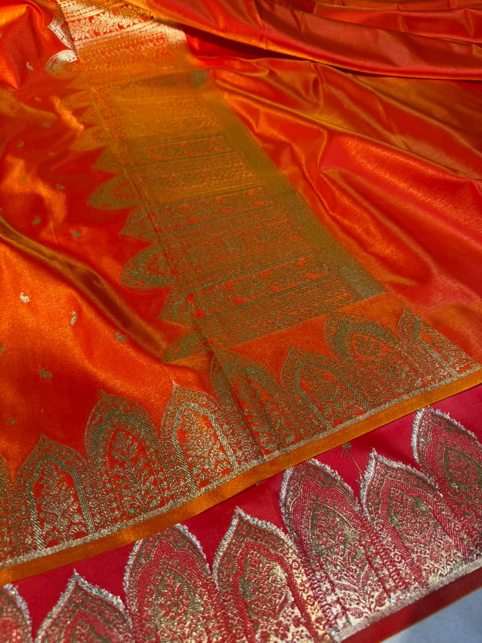 Bright Orange Satin Silk Beautiful Banarasi Saree