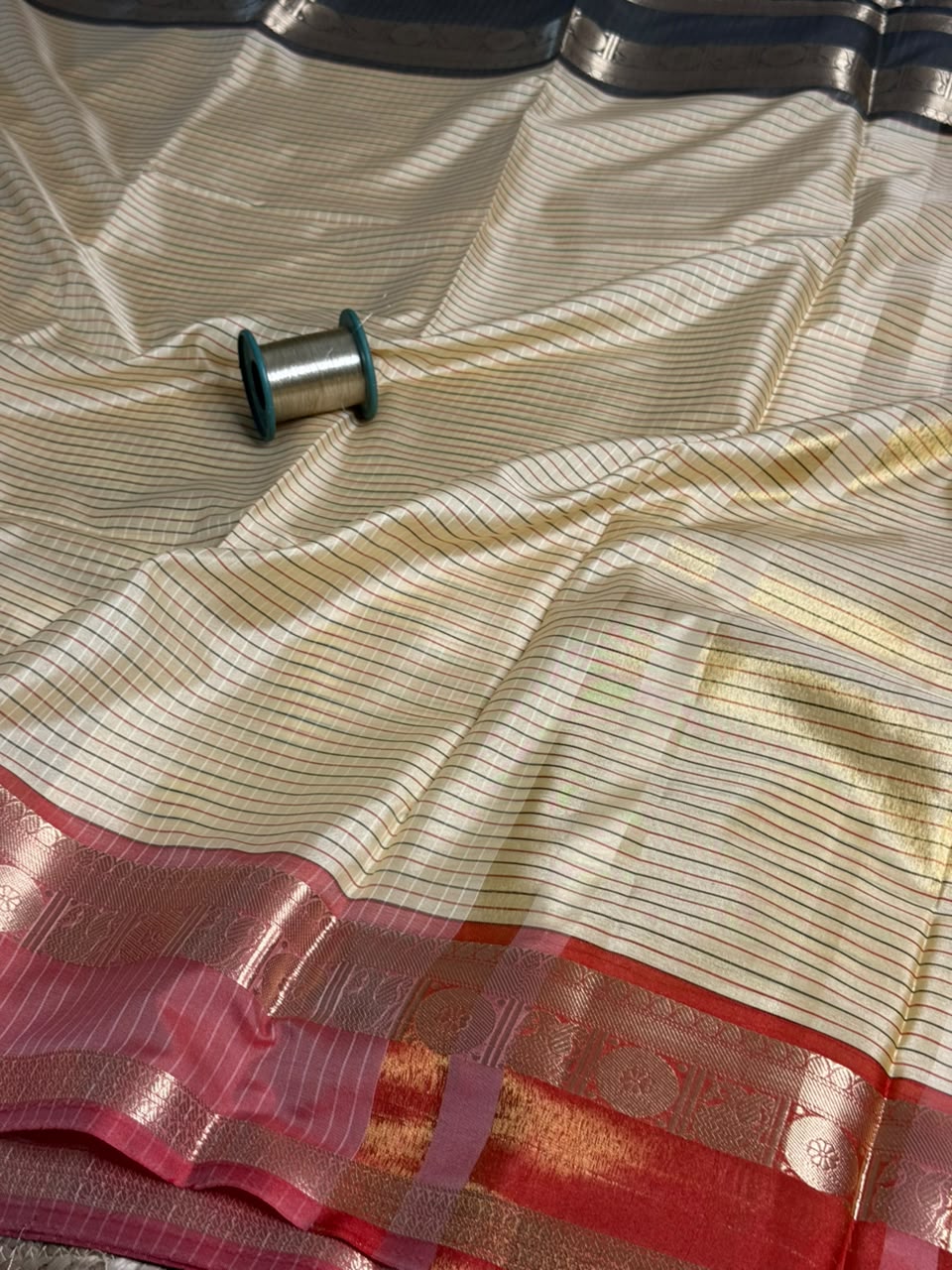 Cream checks weave Softsilk Banarasi saree