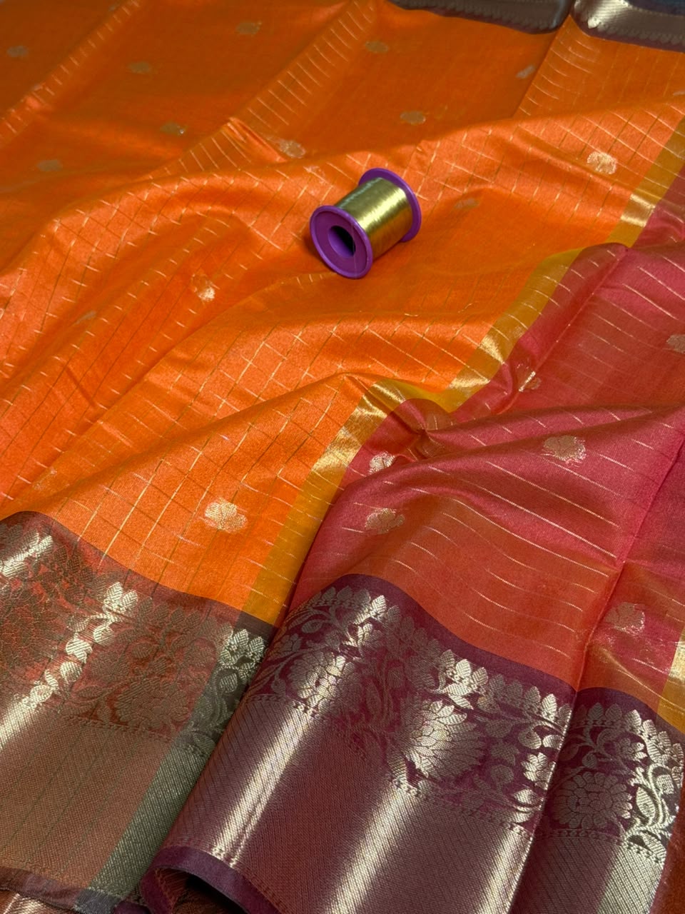 Bright Orange Checks Weave SoftSilk Banarasi Saree