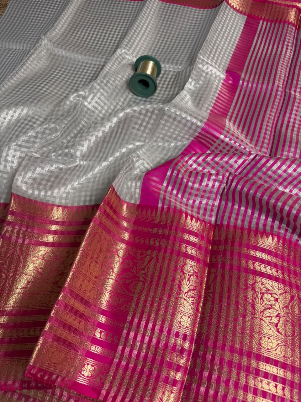 Silver Zari Checks Weave Tissue Banarasi Saree