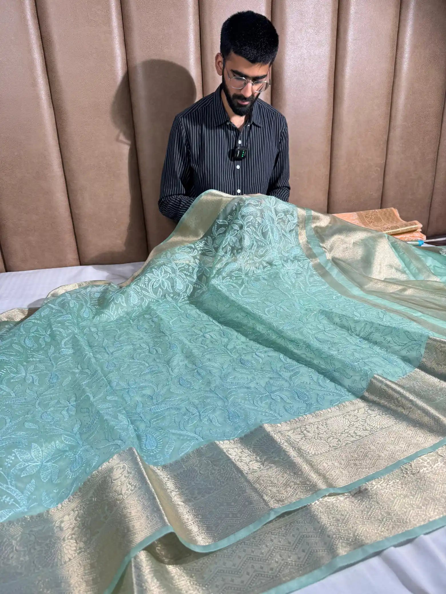 Sage Green Organza Silk Banarasi Chikankari Saree
