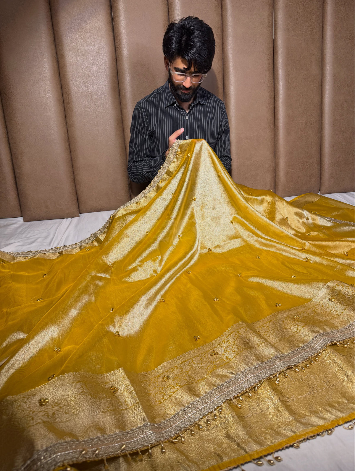 Metallic Yellow Kora Tissue Silk Hand Ghungroo Work Saree