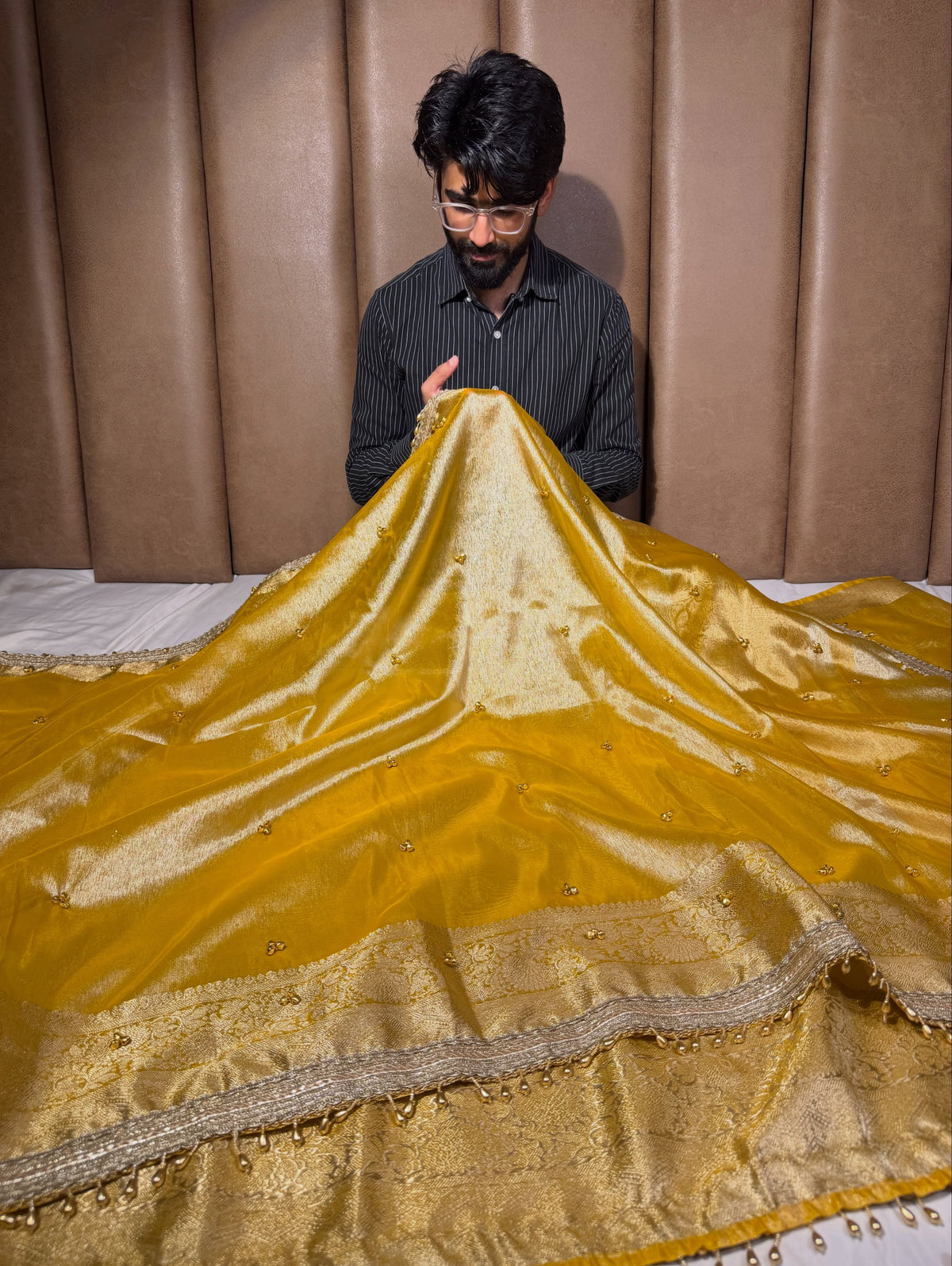 Metallic Yellow Kora Tissue Silk Hand Ghungroo Work Saree