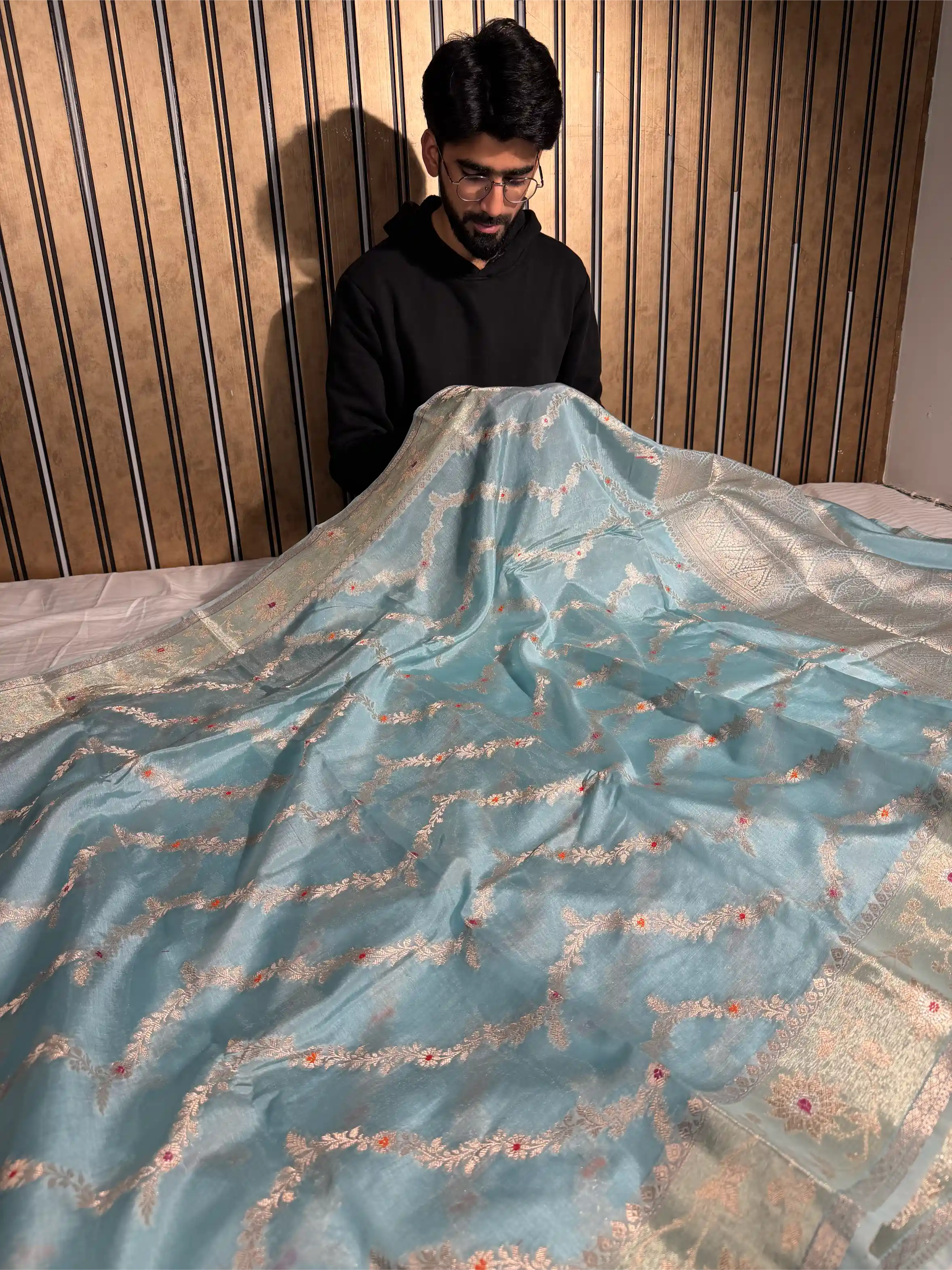 Sea Blue Chinia Silk Heritage Leheriya Meenakari Weave Banarasi Saree