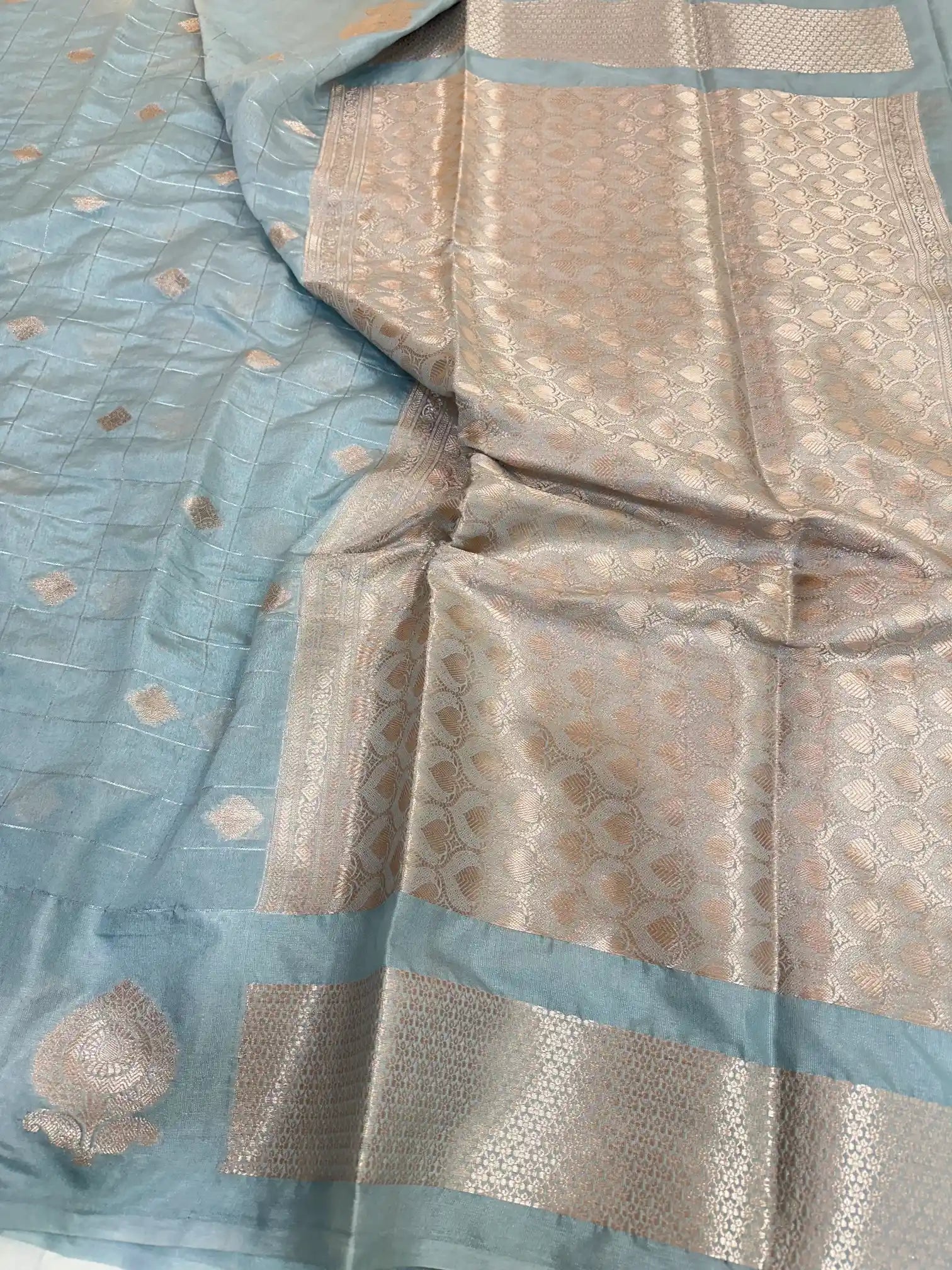 Sea Blue Chiniya Silk Checkered Weave Banarasi Saree