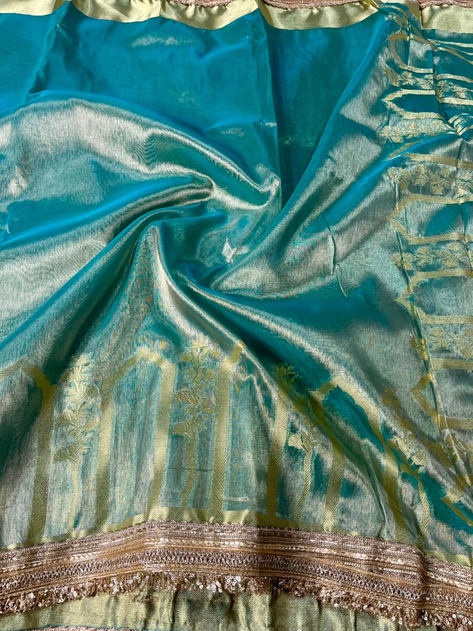 Sea Blue Tissue Silk Mughali Art Heavy Lace Work Banarasi Saree
