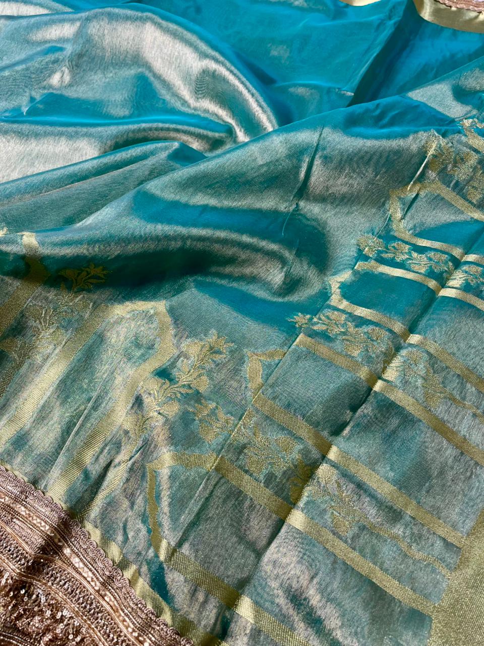 Sea Blue Tissue Silk Mughali Art Heavy Lace Work Banarasi Saree