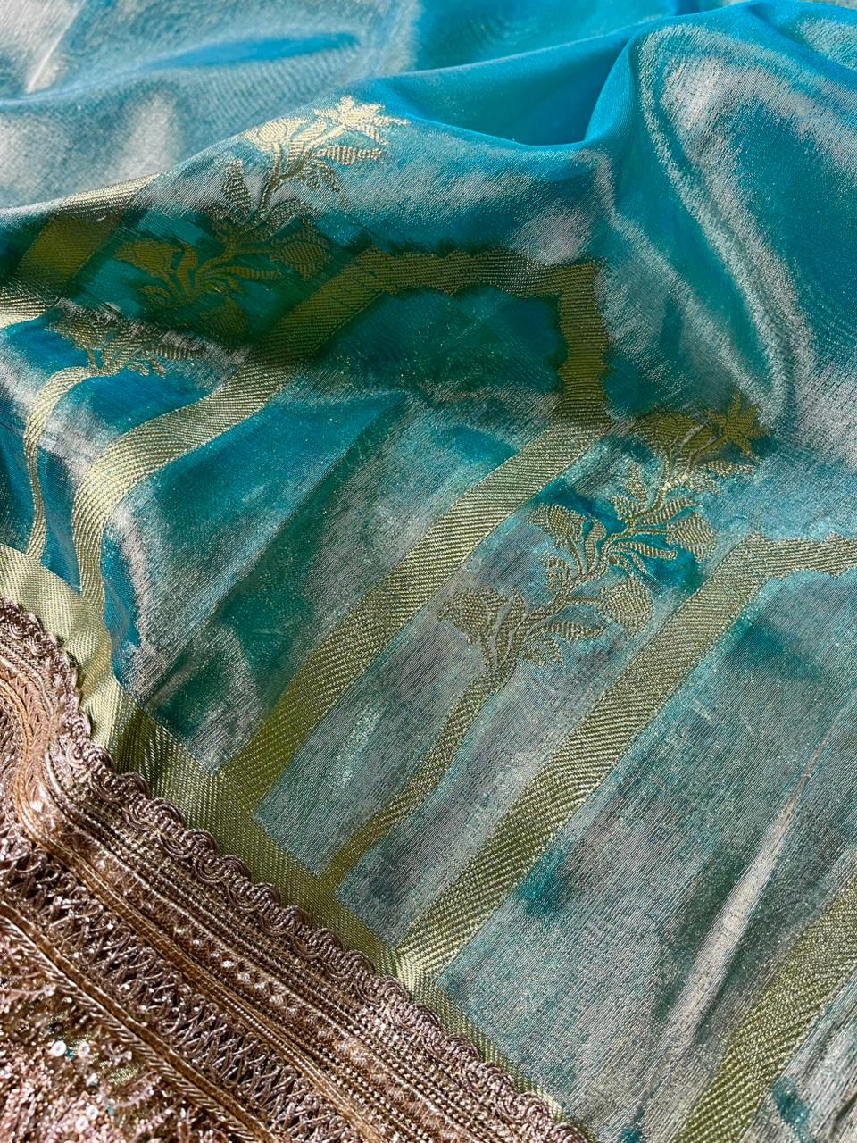Sea Blue Tissue Silk Mughali Art Heavy Lace Work Banarasi Saree