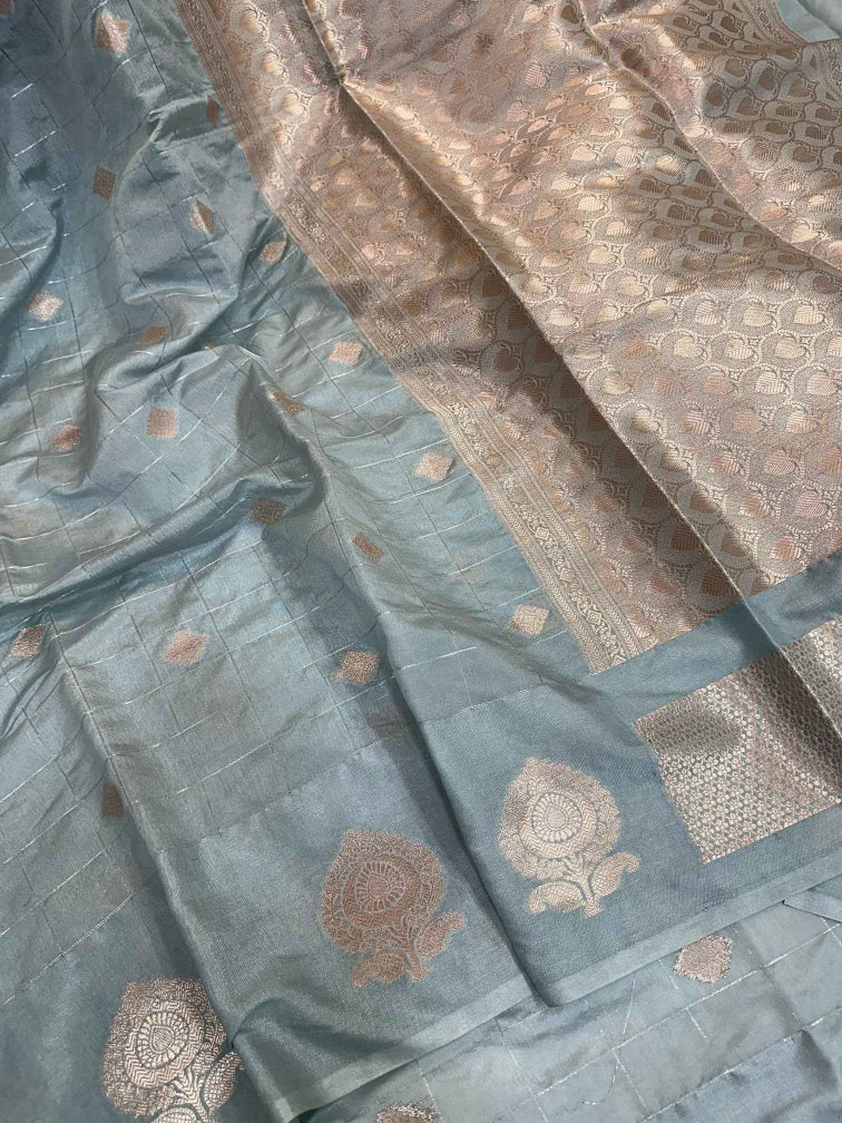 Sea Green Chiniya Silk Checkered Weave Banarasi Saree