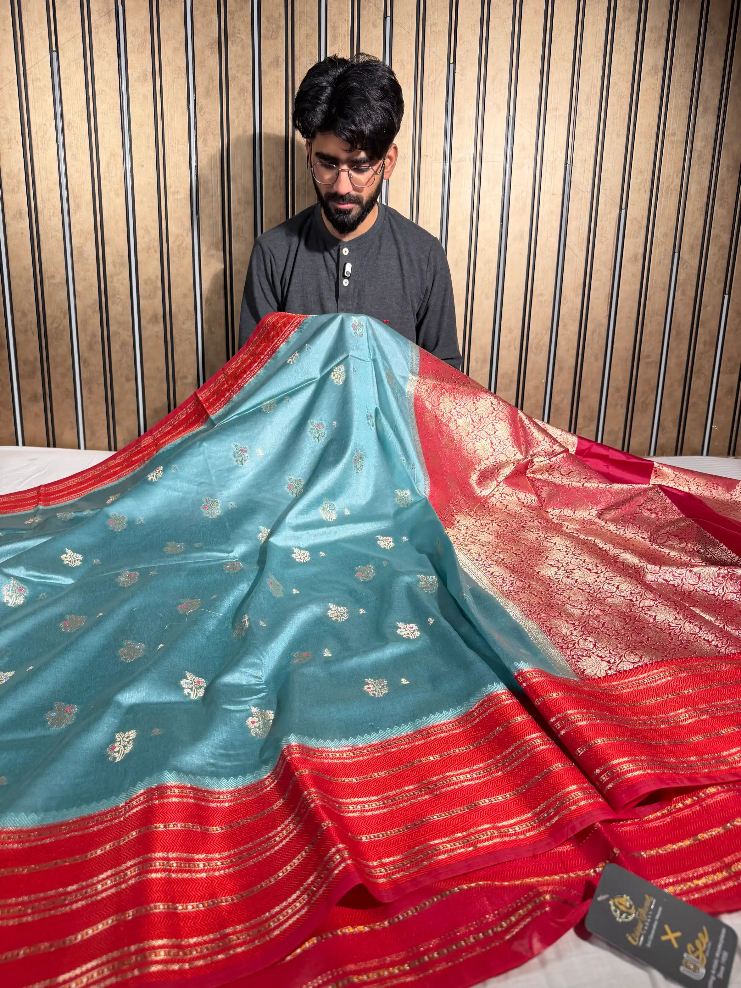 Sea Green Contrast Raw Dupion Silk Banarasi Saree