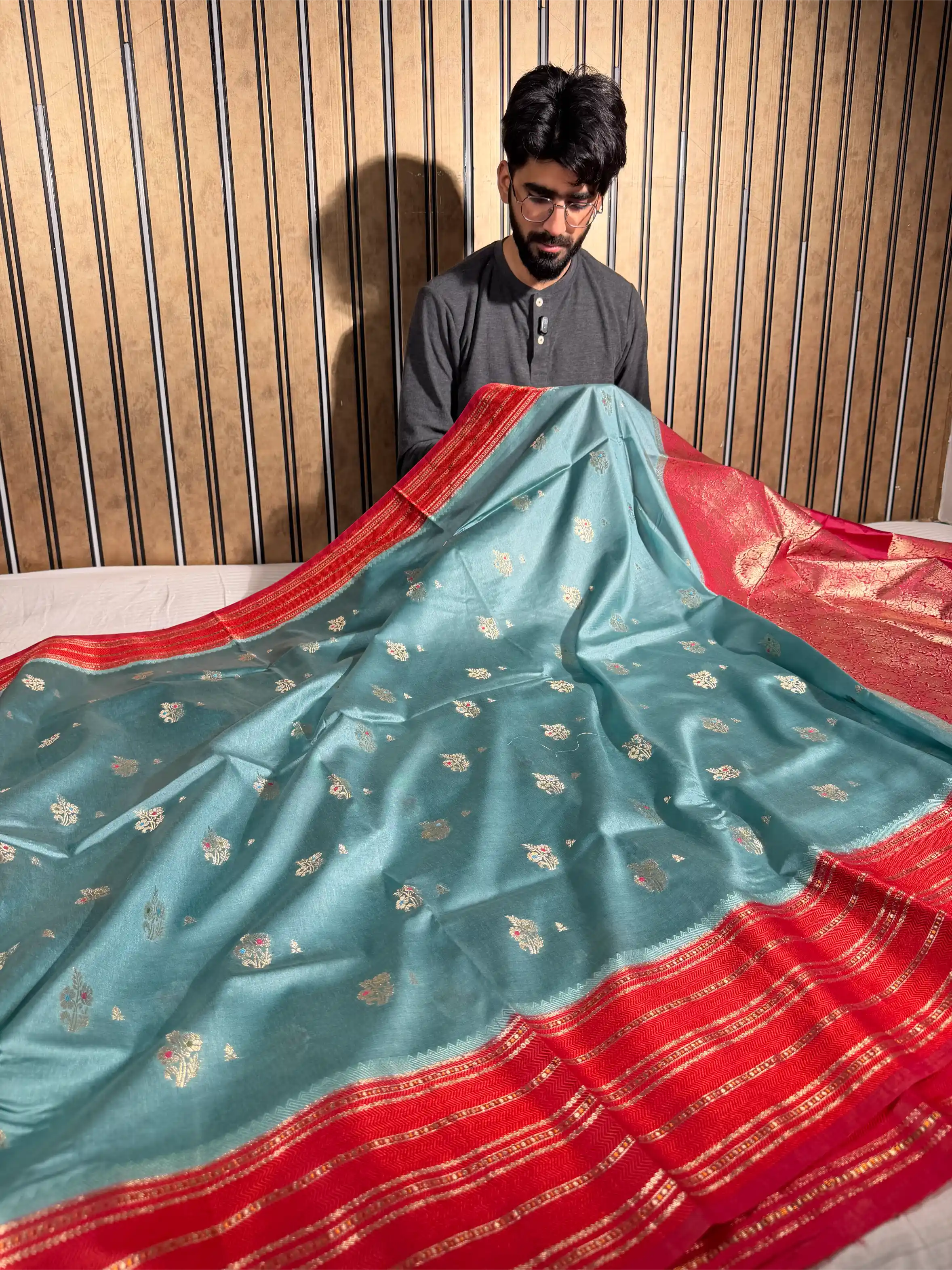 Sea Green Contrast Raw Dupion Silk Banarasi Saree