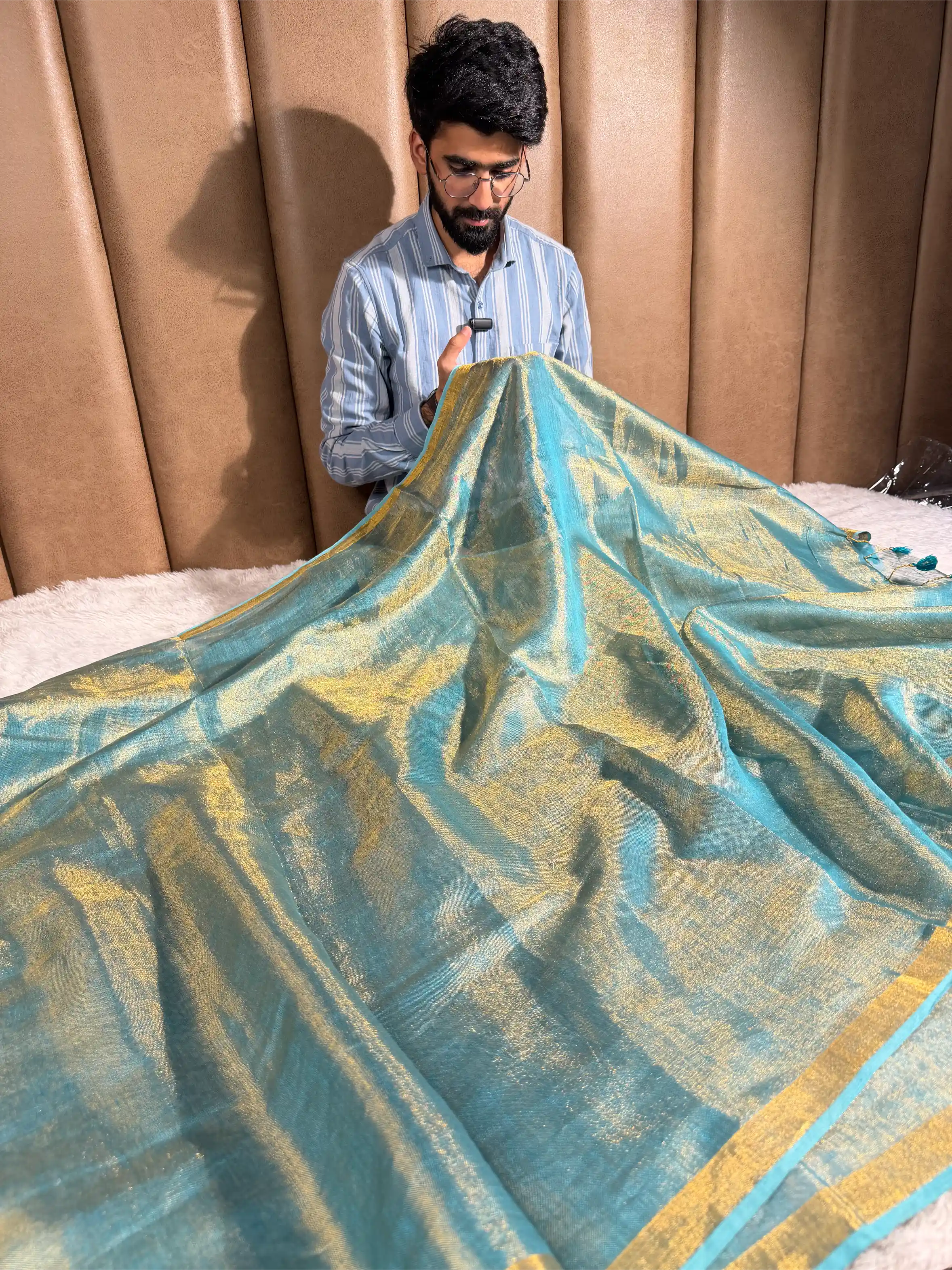 Sea Green Linen Tissue Silk Banarasi Saree