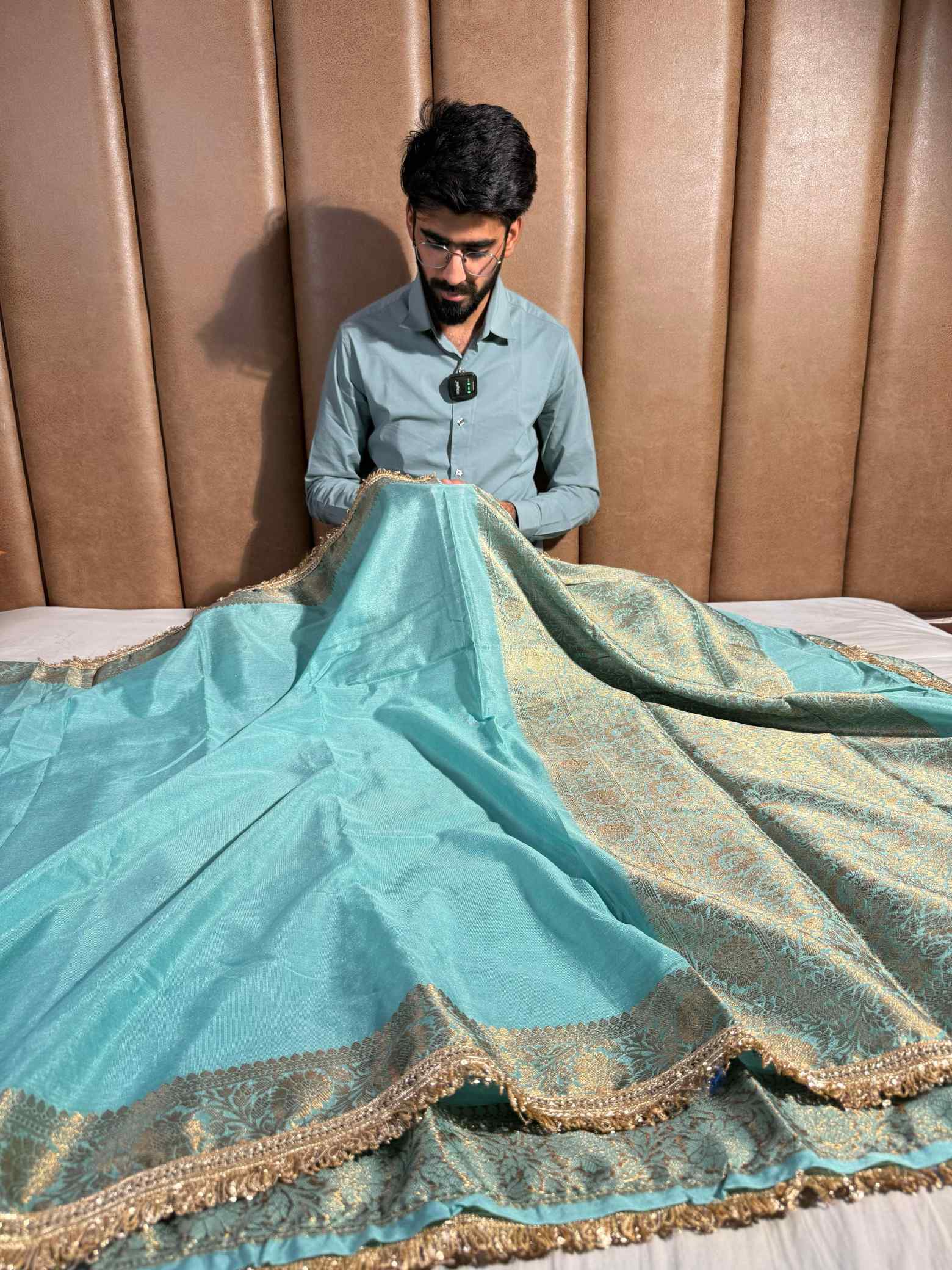 Sea Green Mysore Crepe Silk Lace Work Saree
