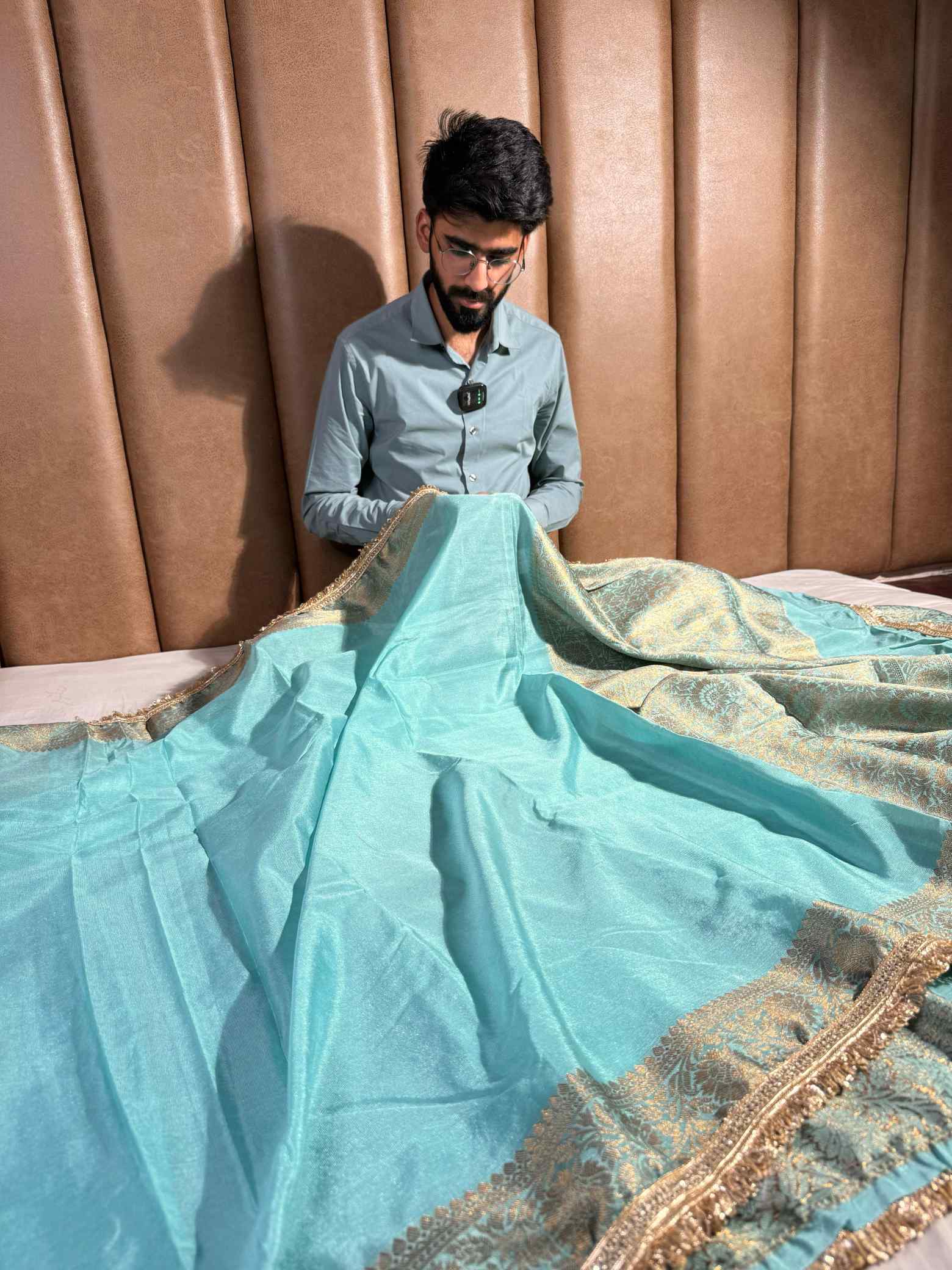 Sea Green Mysore Crepe Silk Lace Work Saree