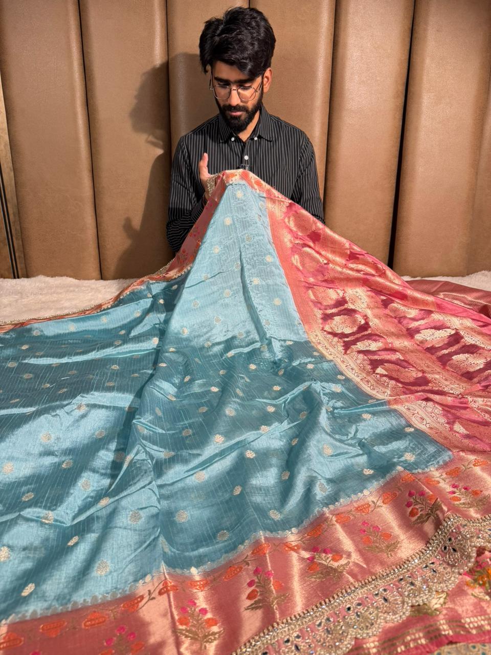 Sea Green Premium Dupion Silk Lace Work Banarasi Saree
