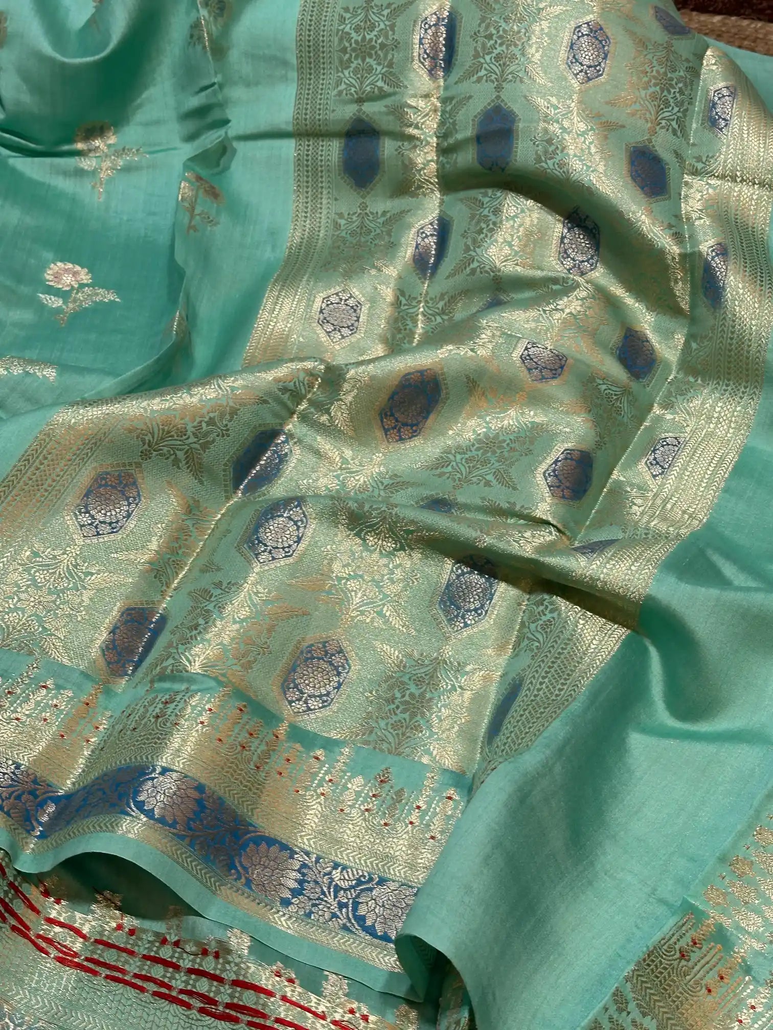 Sea Green Pure Chiniya Silk Hand Brush Dyed Banarasi Saree