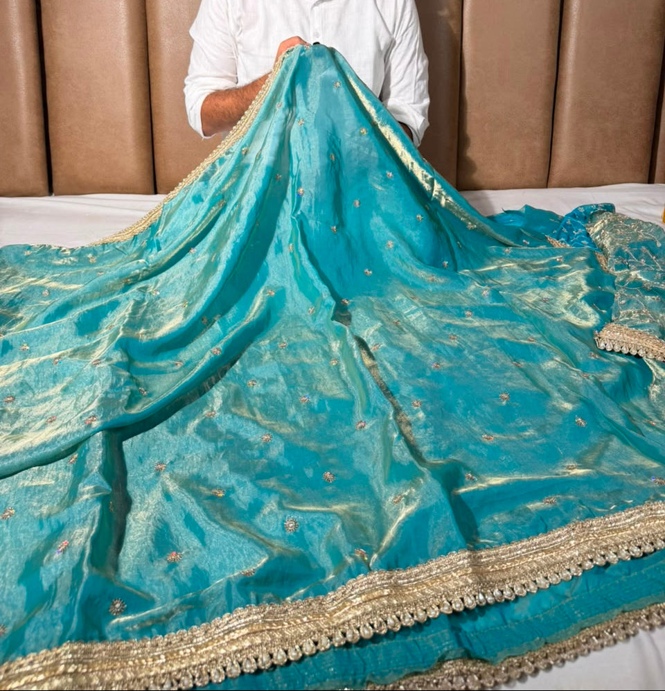 Sea Green Shimmery Tissue Silk Embroidered Lace Work Saree