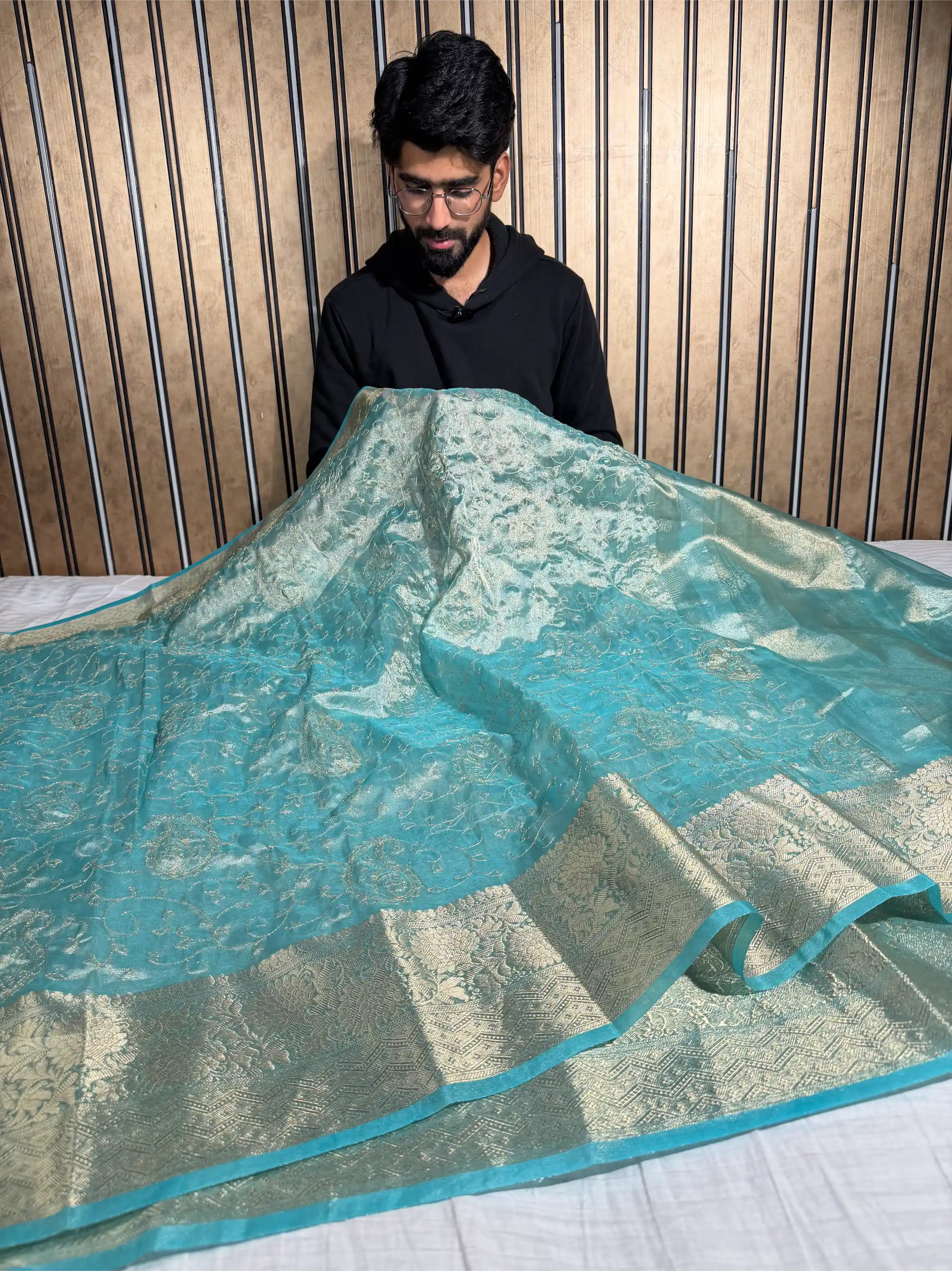 Sea Green Tissue Silk Chikankari Embroidered Banarasi Saree