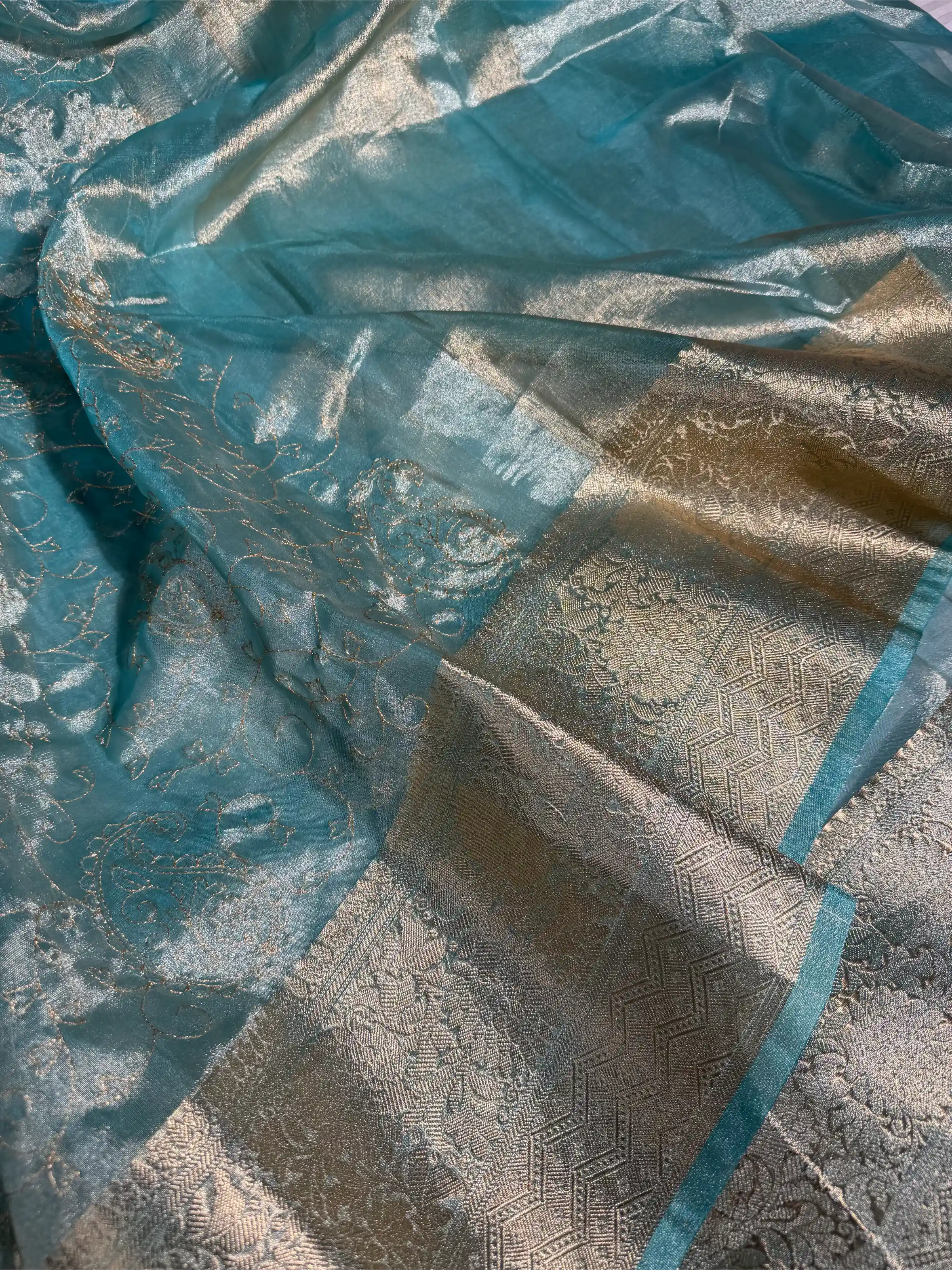 Sea Green Tissue Silk Chikankari Embroidered Banarasi Saree