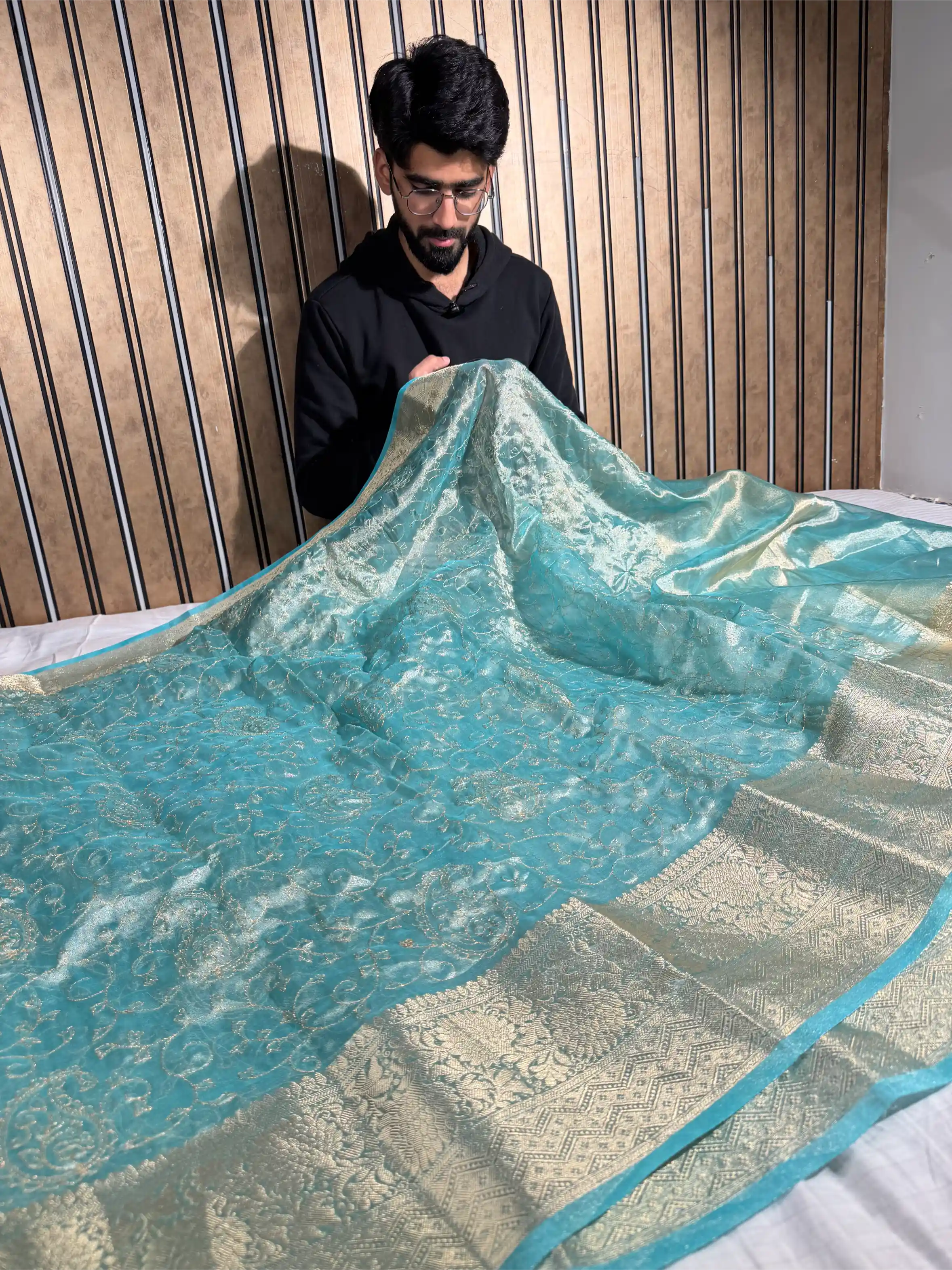 Sea Green Tissue Silk Chikankari Embroidered Banarasi Saree