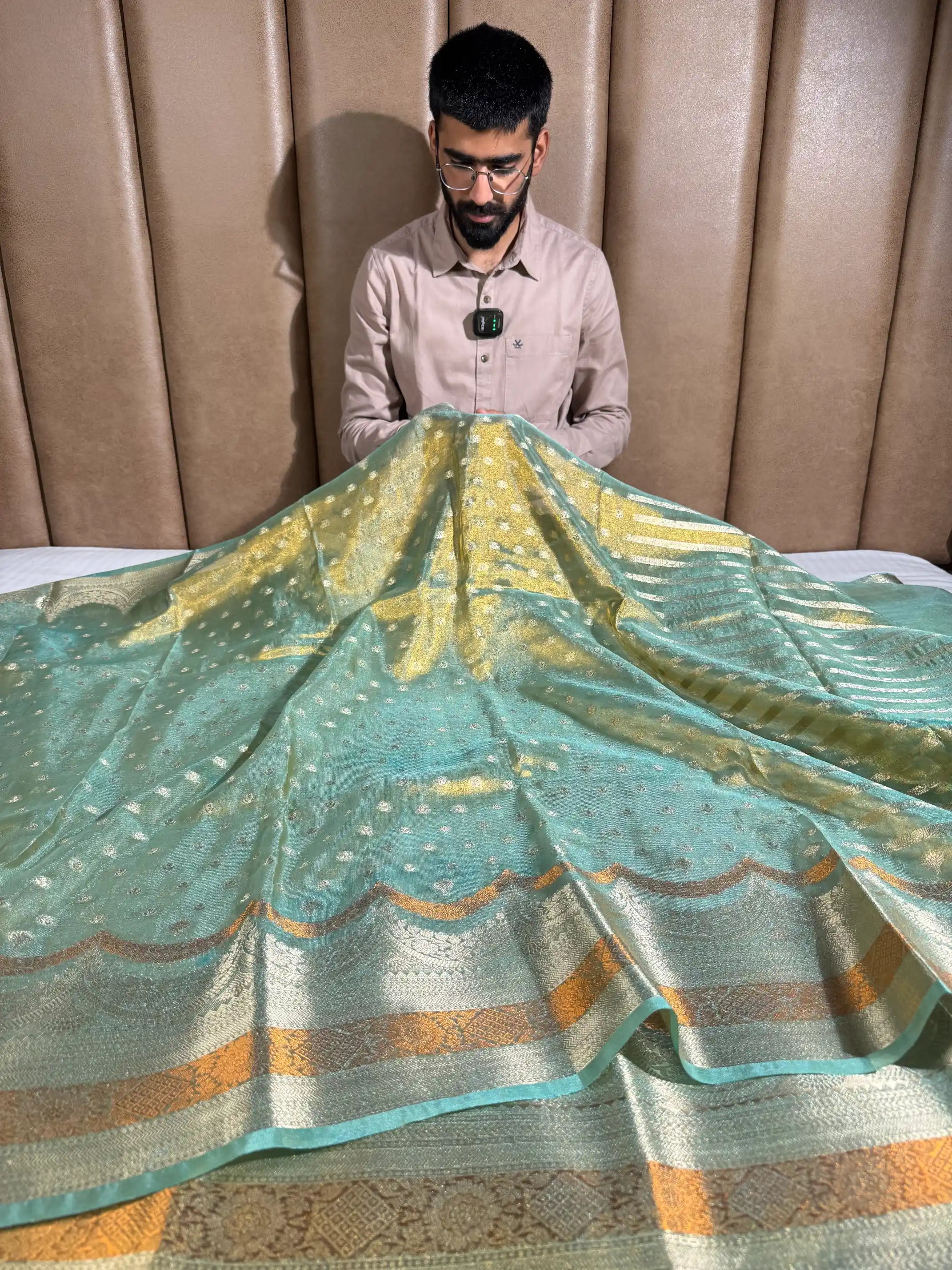 Sea Green Tissue Silk Contemporary Heritage Weave Banarasi Saree