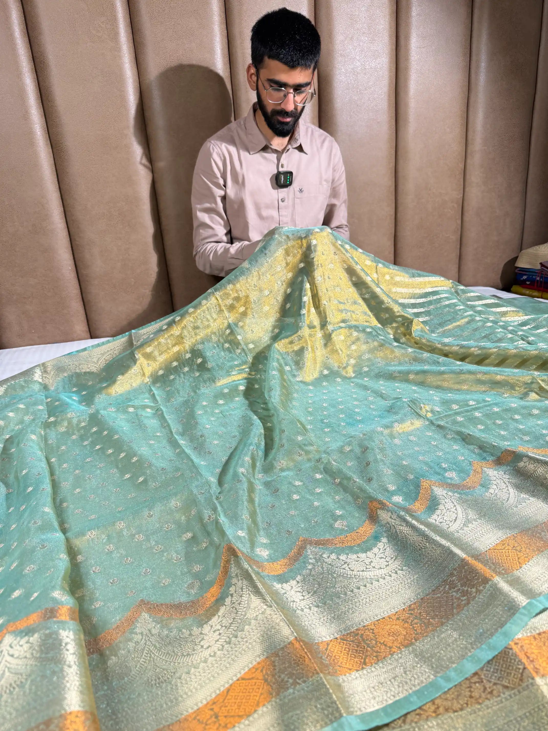 Sea Green Tissue Silk Contemporary Heritage Weave Banarasi Saree