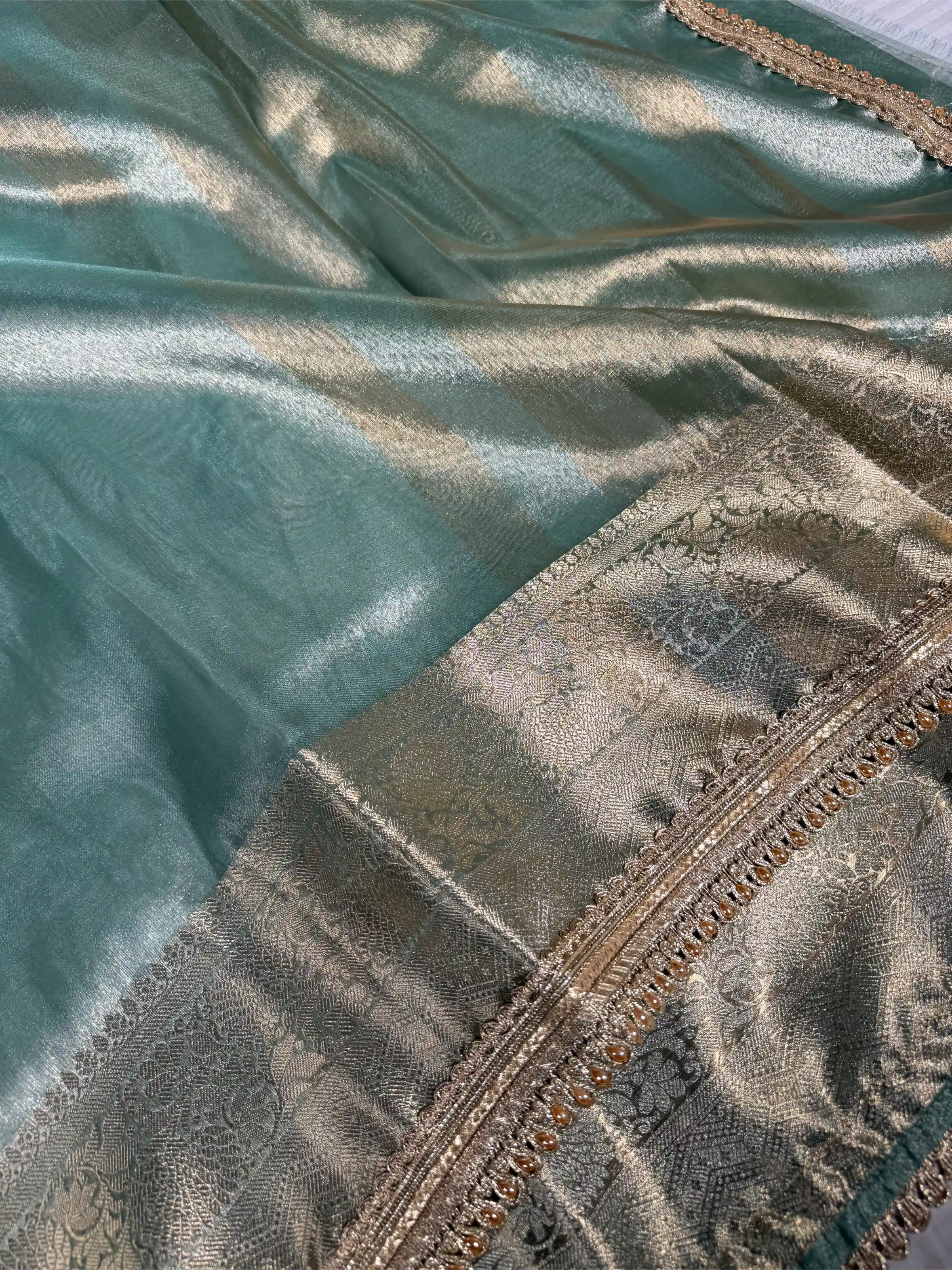 Sea Green Tissue Silk Designer Lace Attached Banarasi Saree