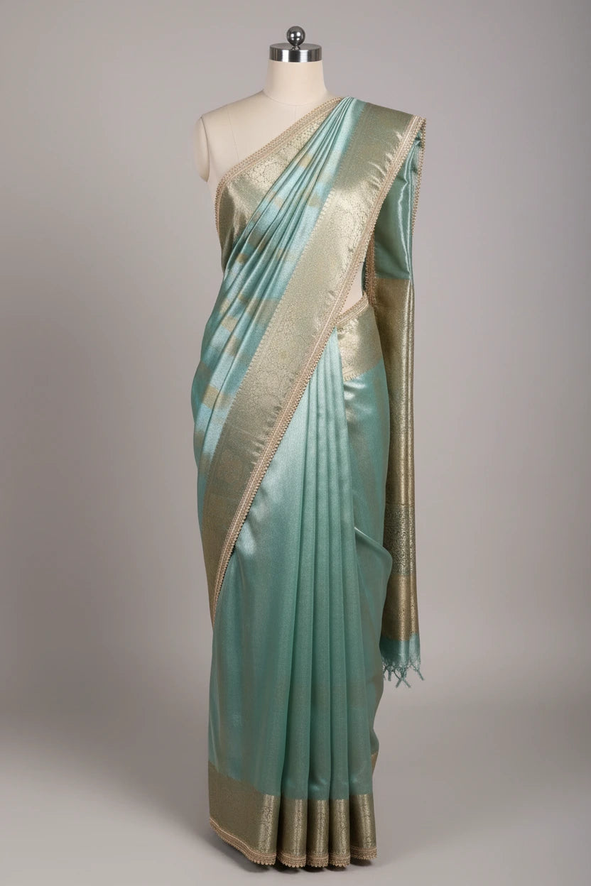 Mint Green Tissue Silk Designer Lace Attached Banarasi Saree