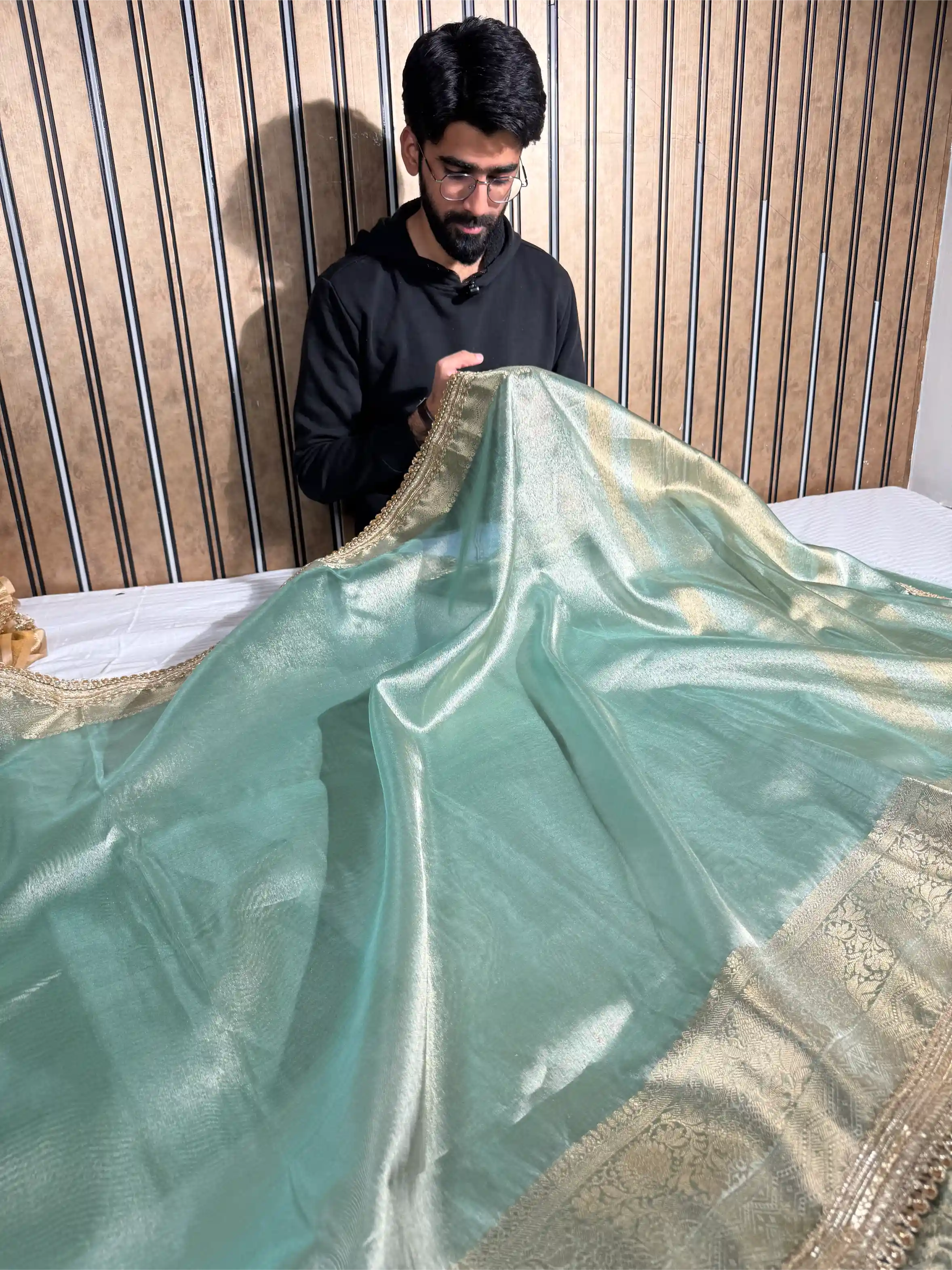 Sea Green Tissue Silk Designer Lace Attached Banarasi Saree