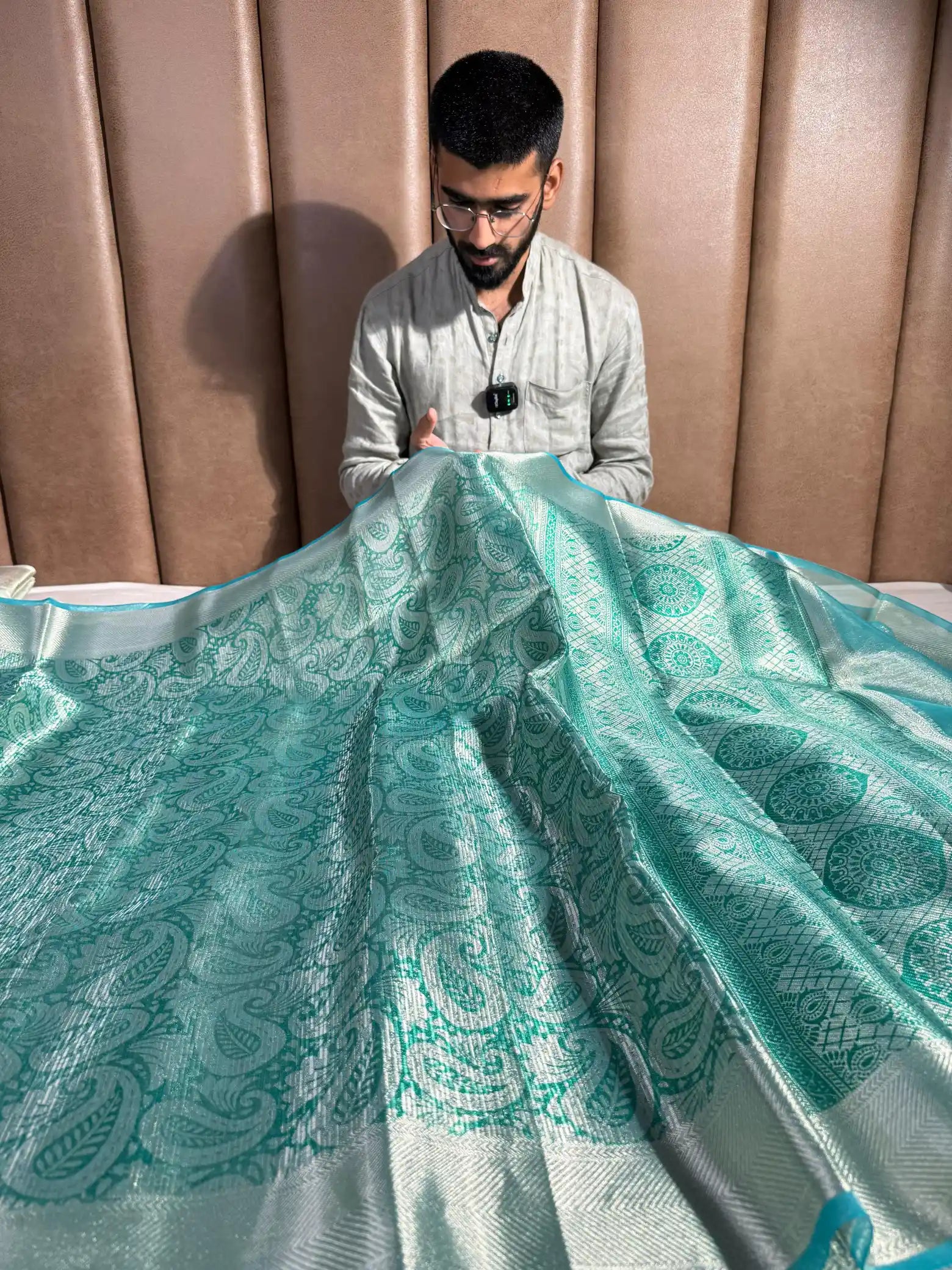 Sea Green Tissue Silk Floral Printed Work Banarasi Saree