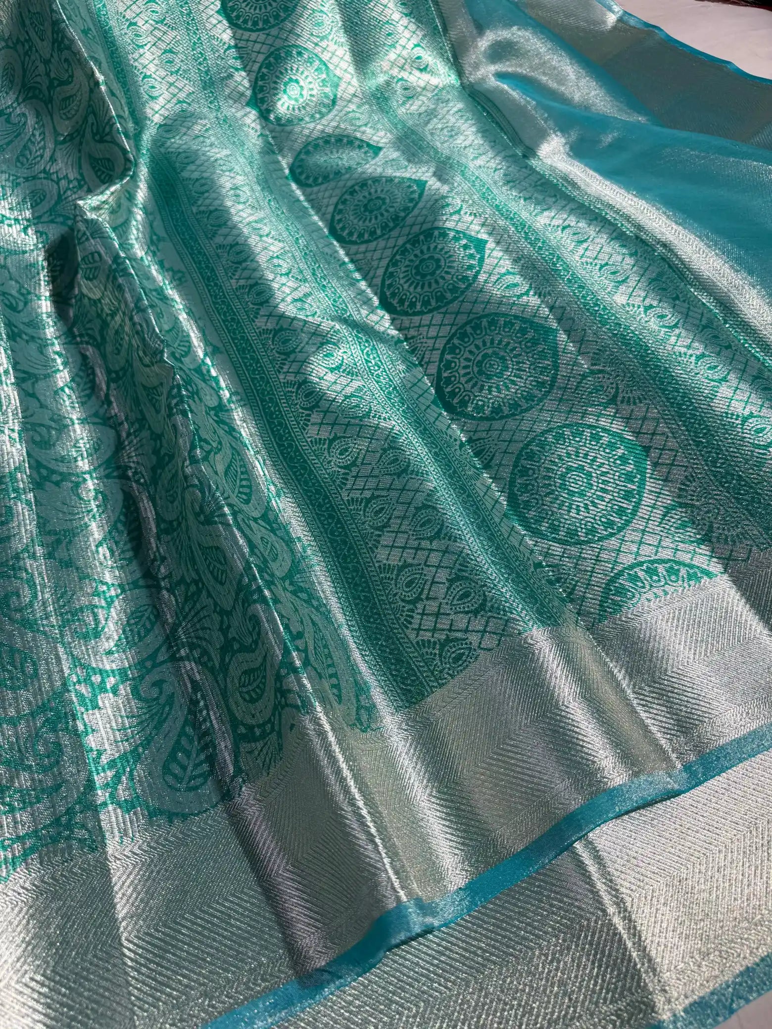 Sea Green Tissue Silk Floral Printed Work Banarasi Saree