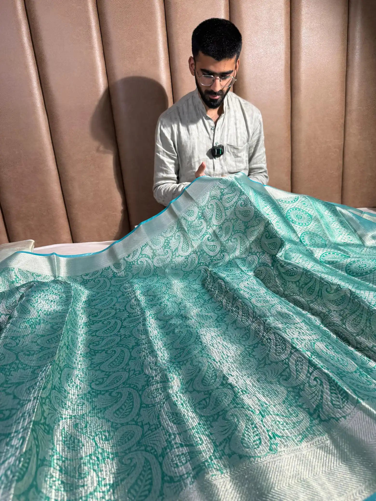 Sea Green Tissue Silk Floral Printed Work Banarasi Saree